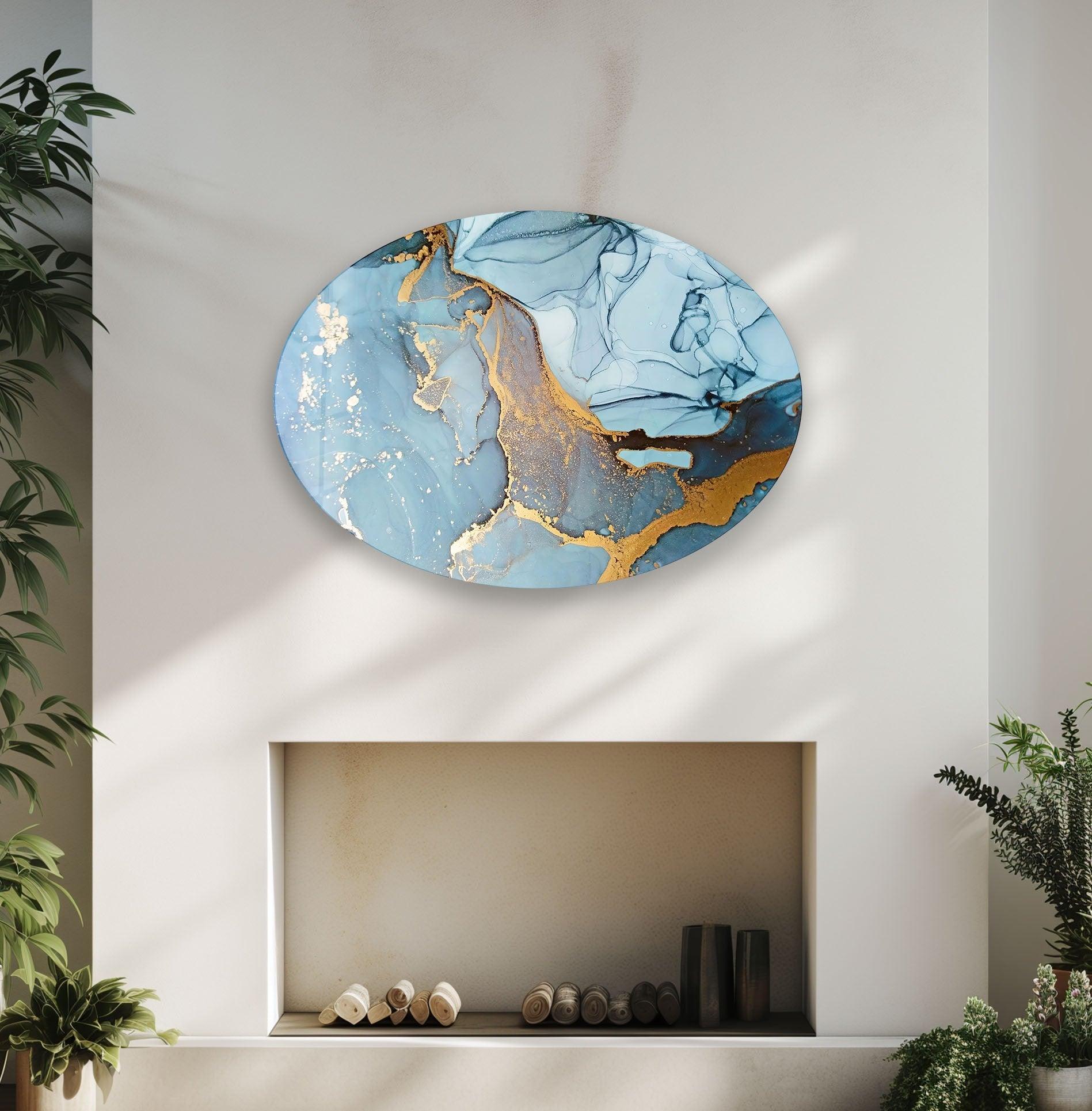 Abstract Blue Marble Glass Wall Art - Asymmetric Oval Design for Modern Home & Office Decor | Handmade Glass Artwork for Living Room, Bedroom, or Entryway