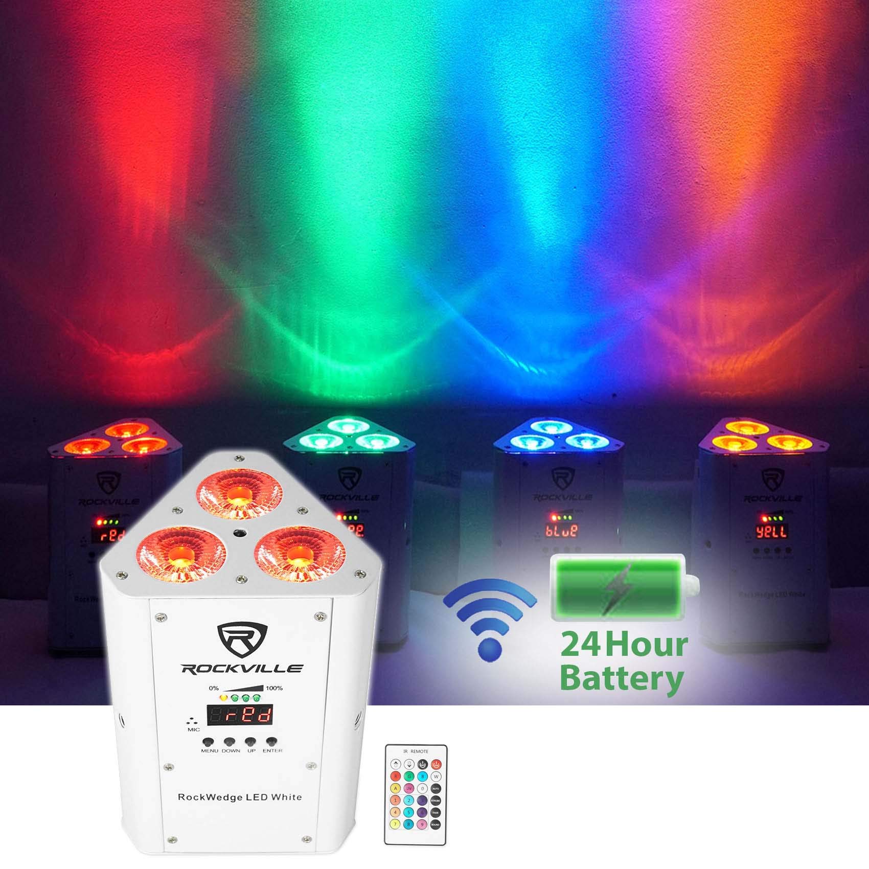 Rockville RockWedge White LED Battery Powered Stage Lights with 384 Channel Wireless DMX Controller - Perfect for DJ Shows, Concerts, and Live Performances