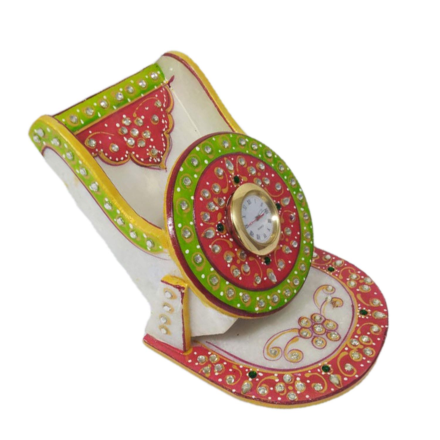Handcrafted Marble Meenakari Desk Clock with Phone & Card Holder - Award-Winning Indian Artisan Work - Perfect for Office Decor, Home Décor & Gift Giving