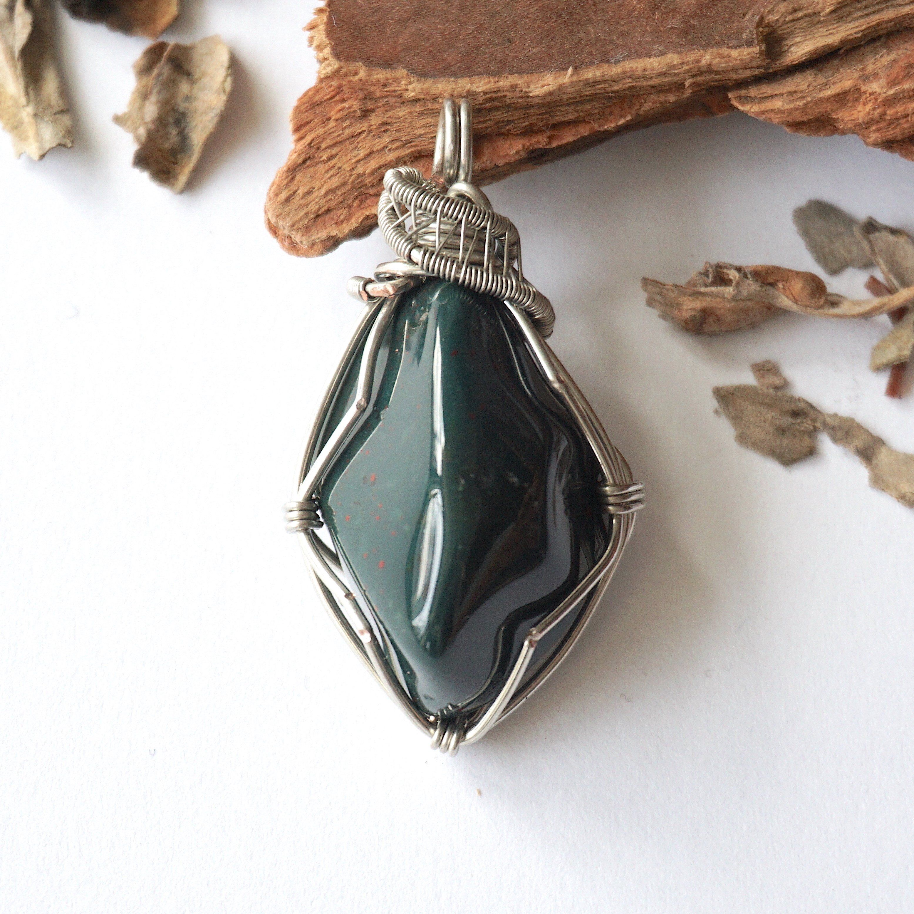 Natural Bloodstone Necklace with White Gold Plated Brass Pendant - Healing Crystal Jewelry for Women, Meditation & Energy Balancing