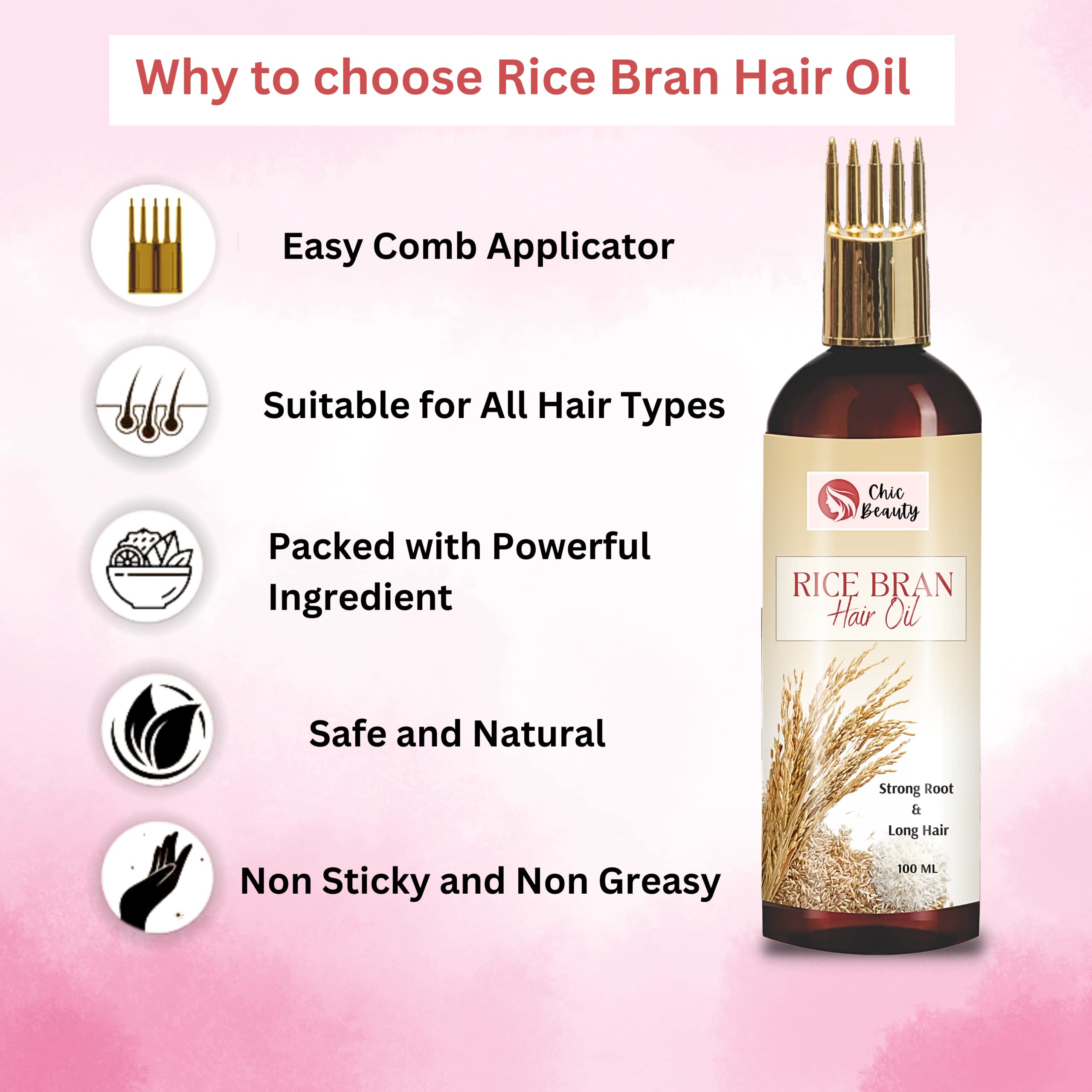 Premium Rice Bran Hair Oil with Comb Applicator - 100ml for Men & Women | Promotes Hair Growth, Reduces Hair Fall & Nourishes Scalp | Perfect for Daily Hair Care & Styling