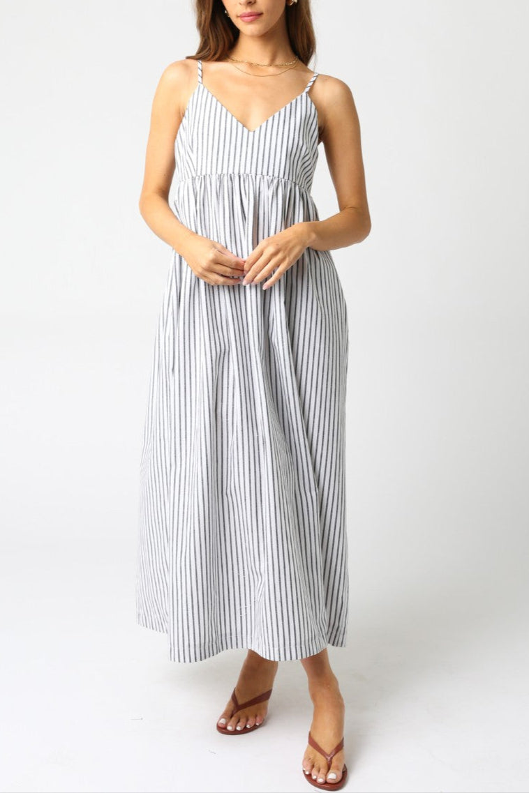 Laila Navy Blue Striped Midi Dress for Women - Elegant Summer Casual & Party Wear | Perfect for Beach Outings, Date Nights, and Office Attire