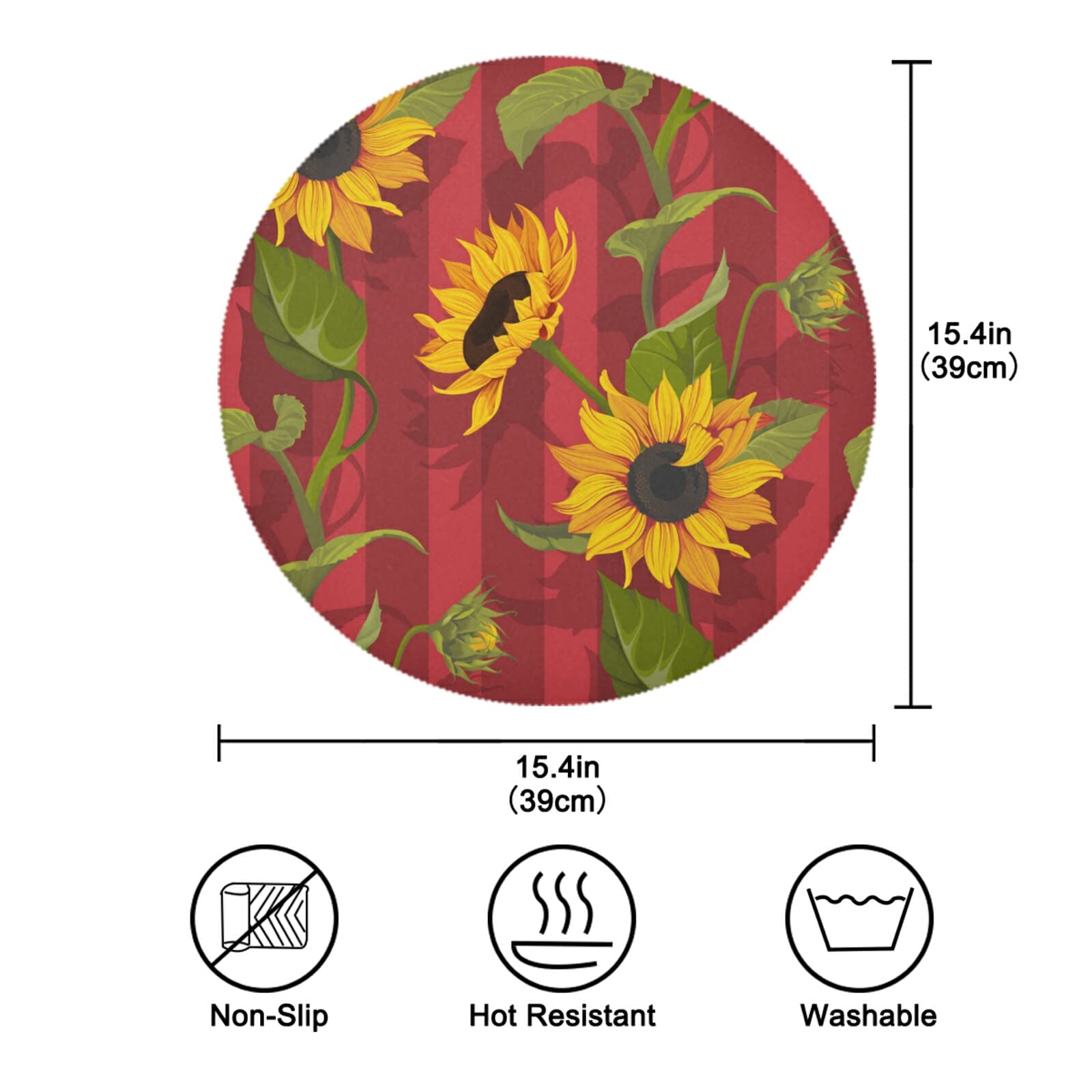 Susiyo Round Placemats Set of 4 - Sunflower Red Stripes Kitchen Table Mats, 15
