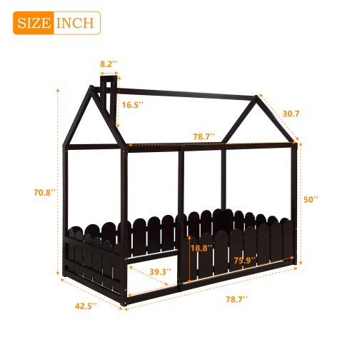 **Solid Wood Twin Bed Frame with Safety Fence - Cabin Style Floor Bed for Kids, Nursery Furniture & Play Tent - Espresso Finish - Perfect for Toddler Rooms, Montessori Bedrooms & Cozy Play Areas**