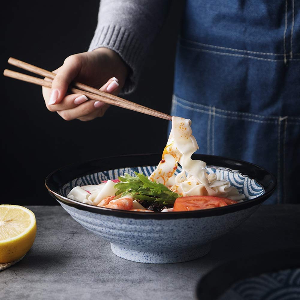 44oz Porcelain Soup Bowls Set with Chopsticks - Microwave & Dishwasher Safe Stackable Wavy Pasta Bowls for Cereal, Stew, Ice Cream - Perfect for Dining, Entertaining & Meal Prep