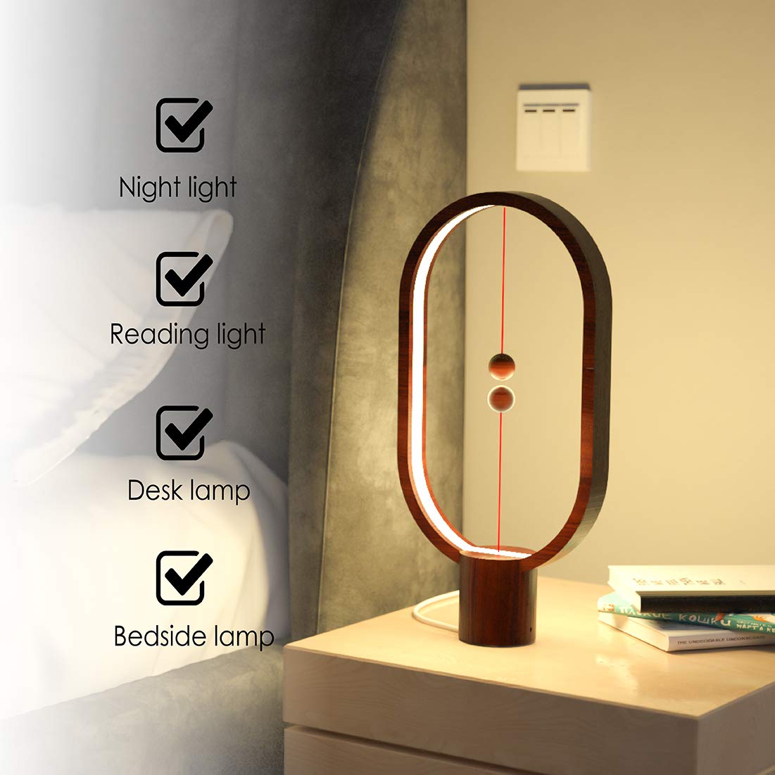 Heng Balance Lamp - Magnetic USB Powered LED Desk Light with Mid-Air Switch | Modern Eye-Care Table Lamp with Warm Soft Light for Home Office (White) | Perfect for Night Reading, Study & Bedside Lighting