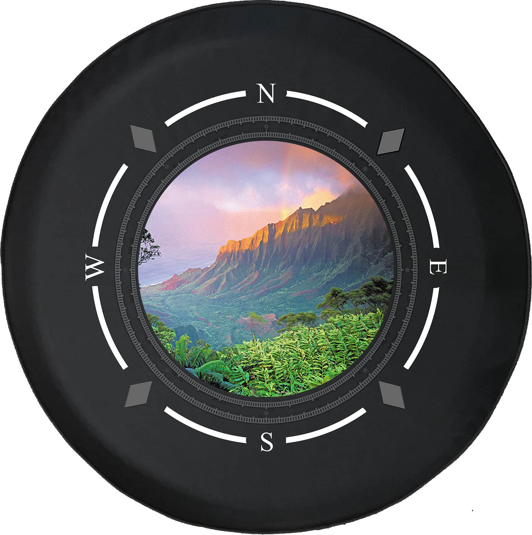 American Unlimited Spare Tire Cover with Compass & Mountain Sunset Design - Universal Fit for SUVs, Trailers, RVs & Most Vehicles | Durable Wheel Protection for Off-Road Adventures & Camping Trips