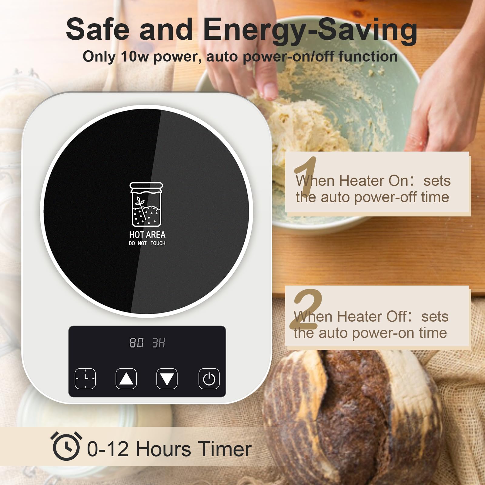 Premium Sourdough Starter Warmer with Glass Dome - 1°F Precise Temperature Control (70-100°F), 0-12H Timer, Auto ON/OFF - Perfect for Bread Baking, Fermentation & Home Kitchen Use