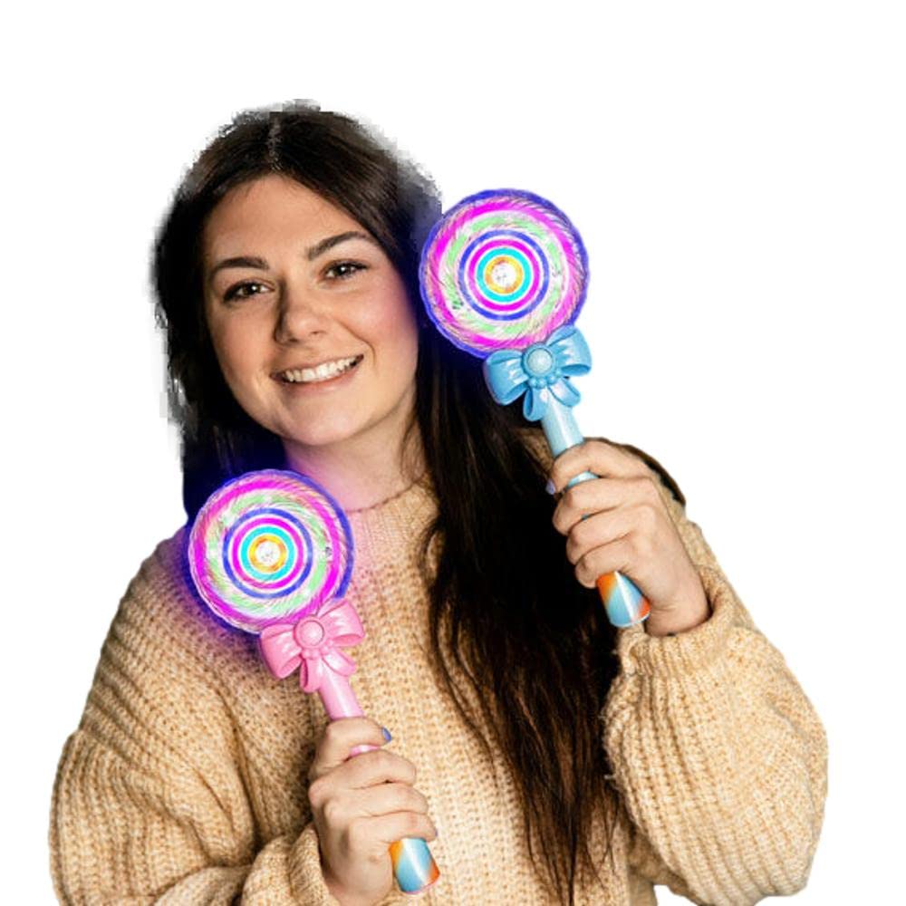 LED Spinner Lollipop Wand - Assorted Colors (Pink/Blue) - Candy Styled Light Up Toy for Kids Birthday Parties & Nighttime Play