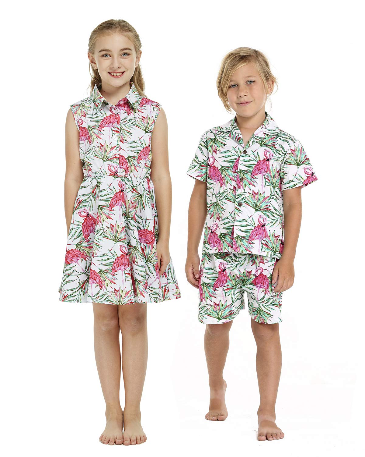 Hawaiian Luau Matching Siblings Outfit - Flamingo in Love Girl Shirt Dress & Boy Shirt for Family Vacation, Beach Party, and Summer Photoshoot