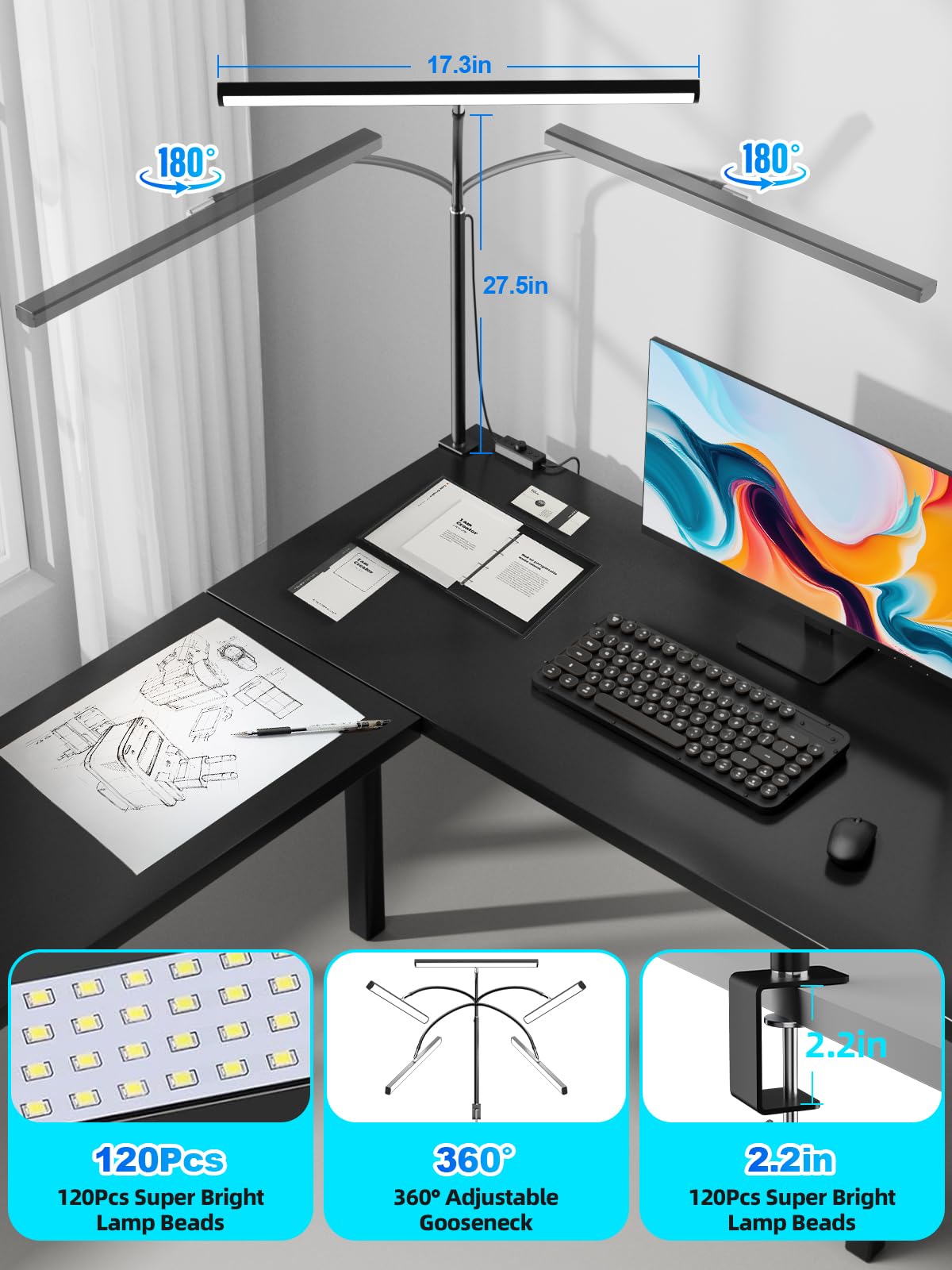 1500Lumen LED Desk Lamp with Stepless Dimming - Eye-Caring Adjustable Gooseneck Clamp Light for Home Office, Workbench, Reading & Study (12V Adapter Included, Timer & Memory Function) - Perfect for Night Work, Crafting, and Computer Tasks - Black