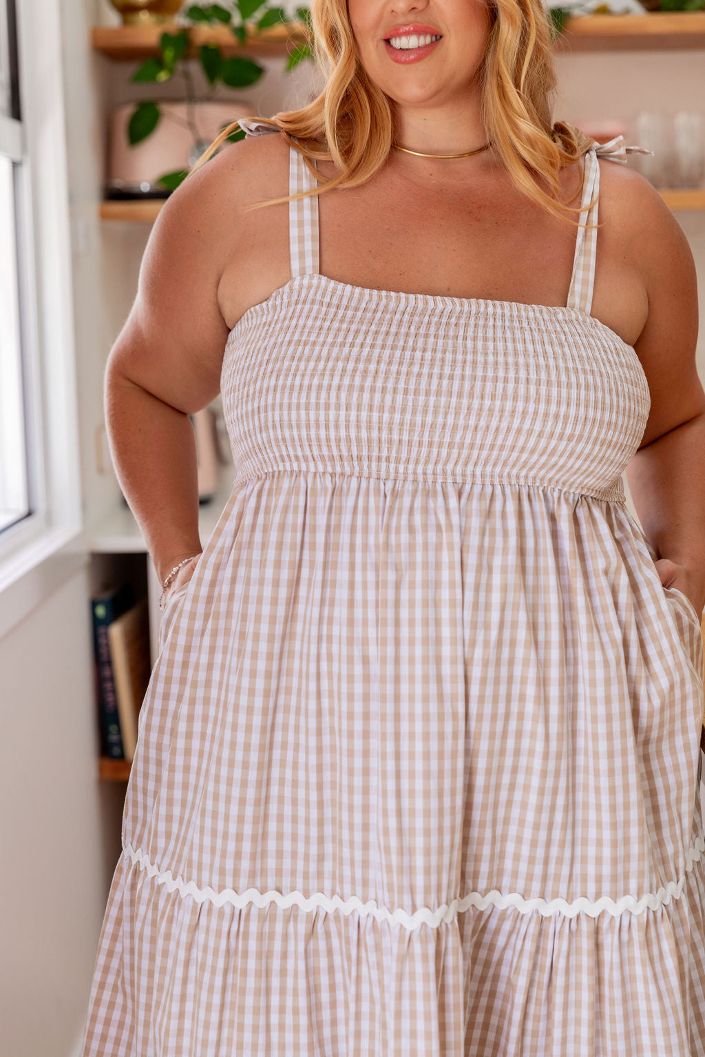Allegra Maxi Dress in Beige & White Gingham - Flowy Summer Dress for Women, Beach Cover Up, Casual Day Out