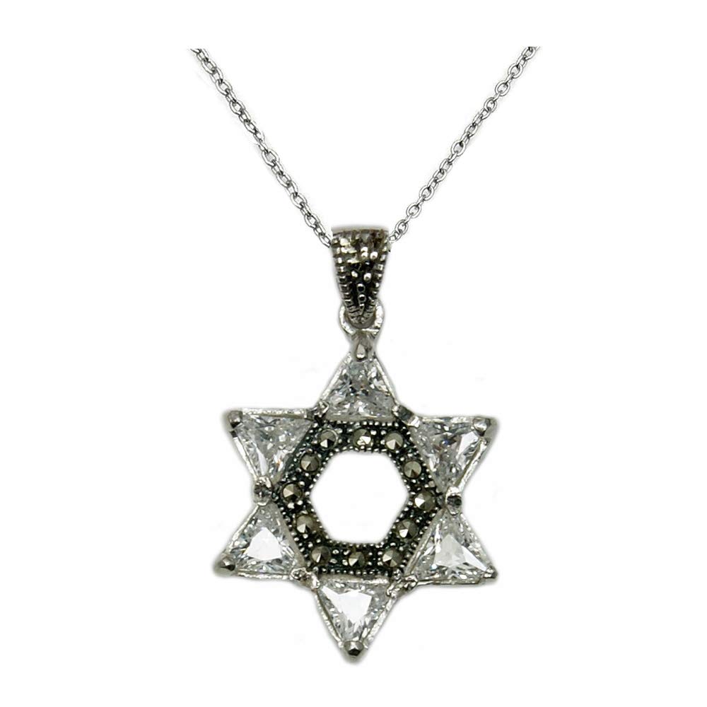 Beautiful Star of David Pendant Necklace - Sterling Silver with Clear Cubic Zirconia & Marcasite | Perfect for Hanukkah Gifts, Jewish Holidays & Spiritual Jewelry Collection