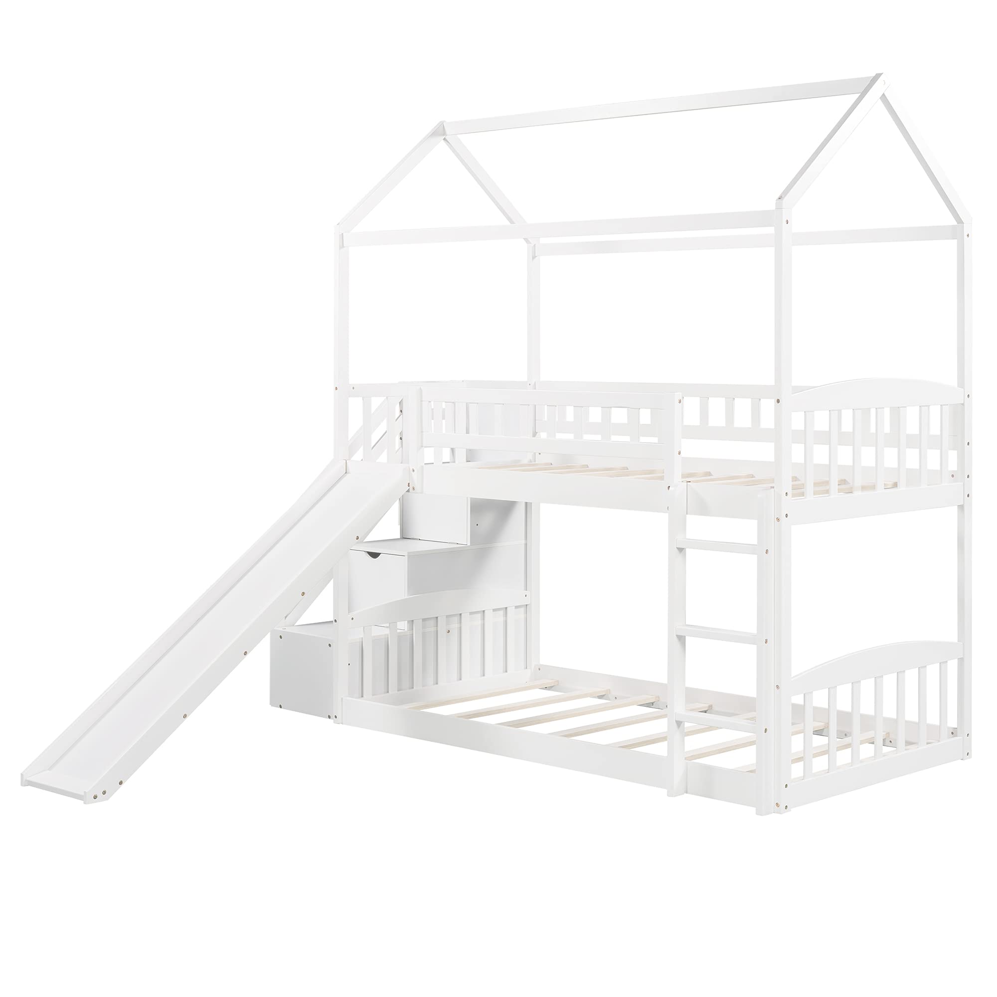 Twin Over Twin Wooden House Bunk Bed with Slide, 2 Drawers, Roof & Guardrails - Kids/Teens House-Shaped Bed, No Box Spring Needed (White) - Perfect for Small Bedrooms, Shared Kids Rooms & Vacation Homes