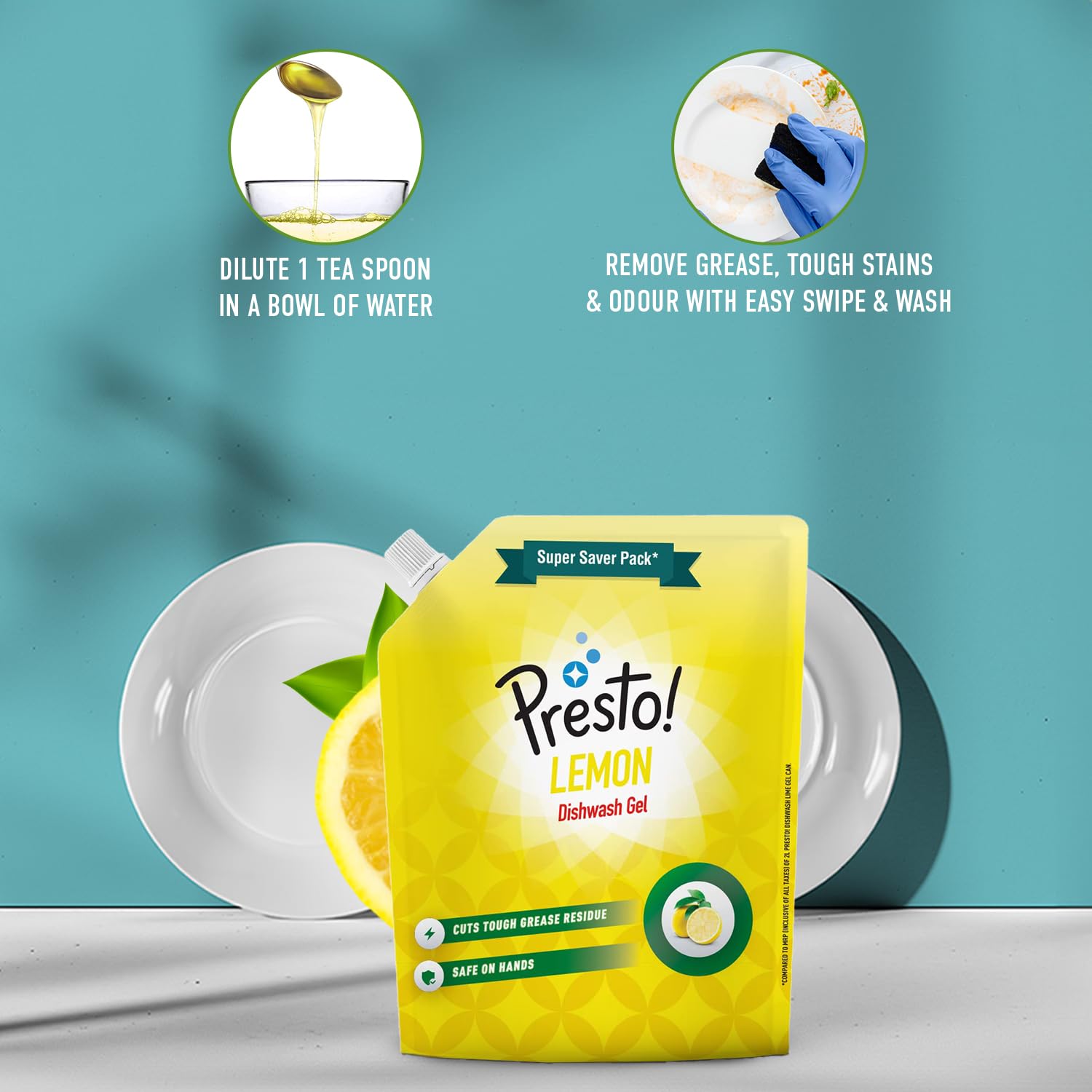 Presto! Lemon Dishwashing Gel Refill Pouch - 2L Grease-Fighting Formula | Residue-Free & Odor Eliminator | Works on Pots, Pans & Utensils | Ideal for Kitchen, Camping & RV Use