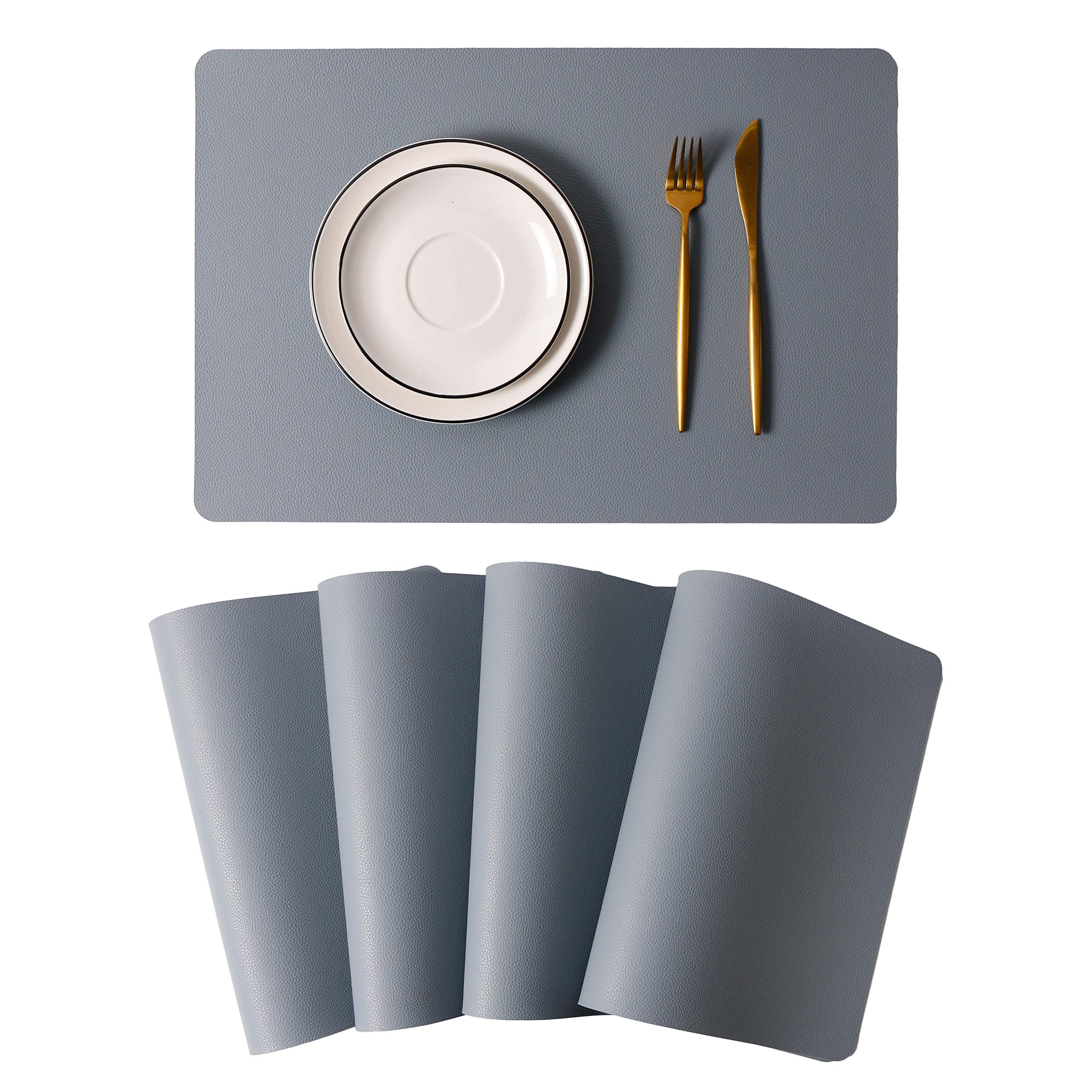 Premium Wipeable Leather Placemats Set of 4 - Waterproof, Heat-Resistant & Easy to Clean Table Mats for Dining & Kitchen Use - Pale Blue Home Decor for Everyday Meals & Dinner Parties