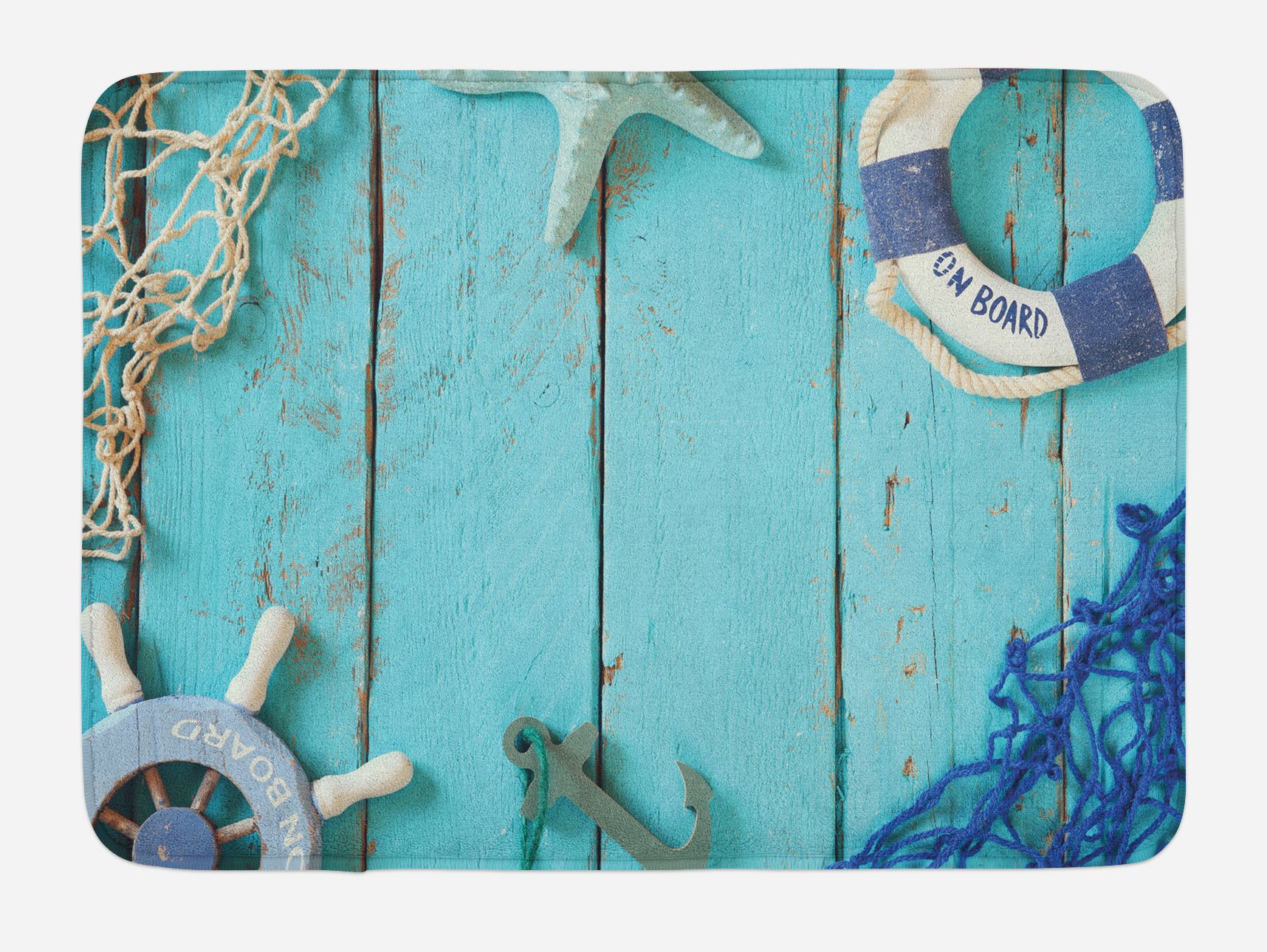 Ambesonne Nautical Bath Mat - Vintage Steering Wheel & Stars Design, Non-Slip Plush Bathroom Rug, 30.2 x 20 Inches, Turquoise Navy Blue - Perfect for Coastal & Beach Theme Home Decor, Bathroom Safety Mat