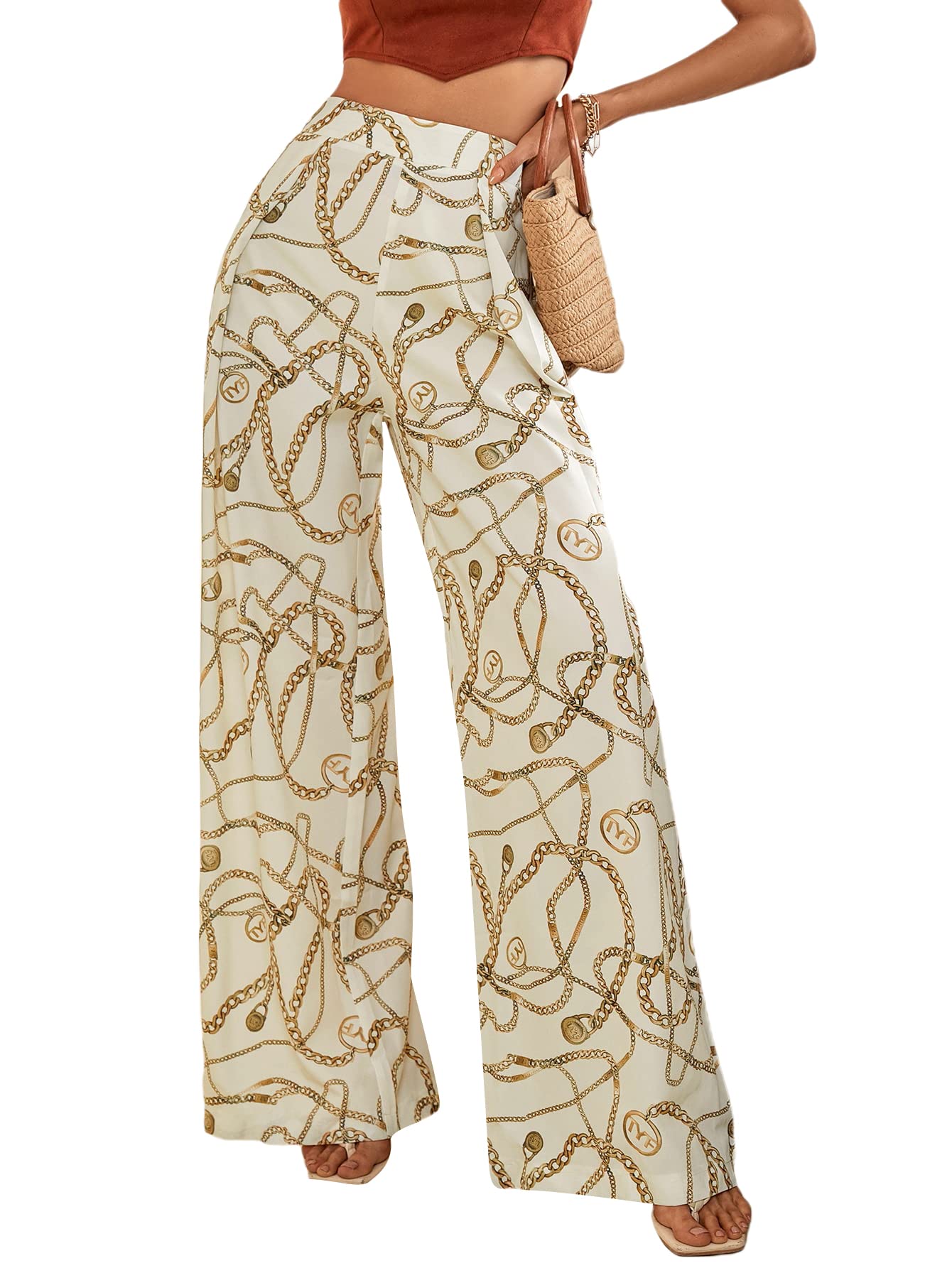 WDIRARA Women's High Waisted Wide Leg Pants - Fashion Graphic Chain Print Loose Trousers for Casual Wear, Office & Party Outfits