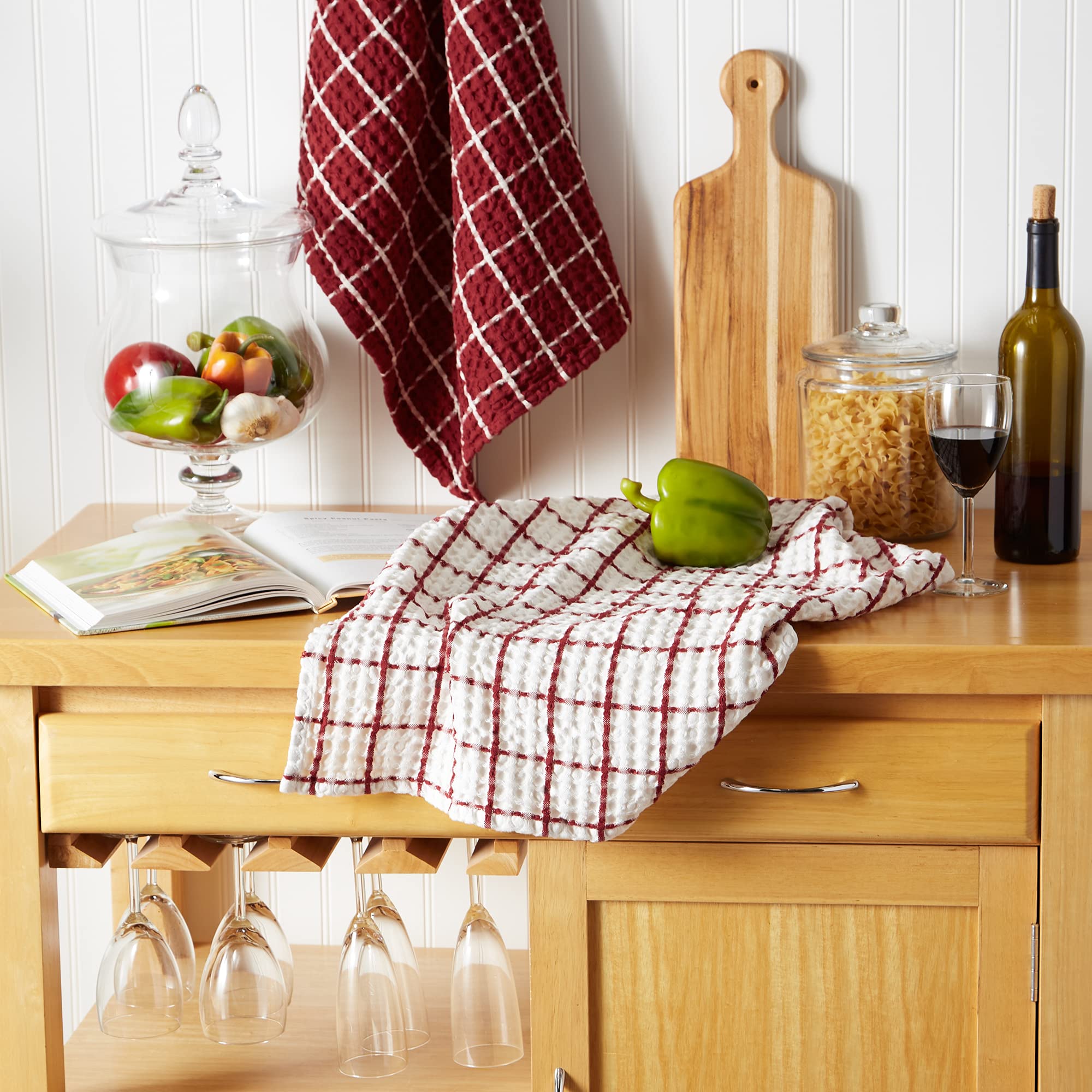 DII Washed Waffle Collection Oversized Ultra Absorbent Dish Towel Set - 2-Piece, 20x30 Inches, Barn Red - Perfect for Kitchen Cleaning, Drying Dishes & Farmhouse Decor