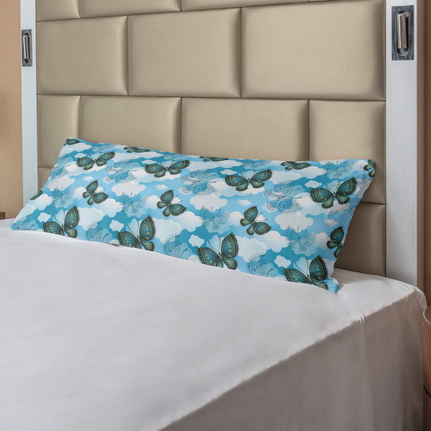 Ambesonne Butterfly Body Pillow Cover with Zipper - Floral Moth & Cloud Design - 21x54 Inch Decorative Pillowcase - Sky Blue & Dark Teal - Perfect for Home Decor, Bedroom Accent & Anime Lover Gift
