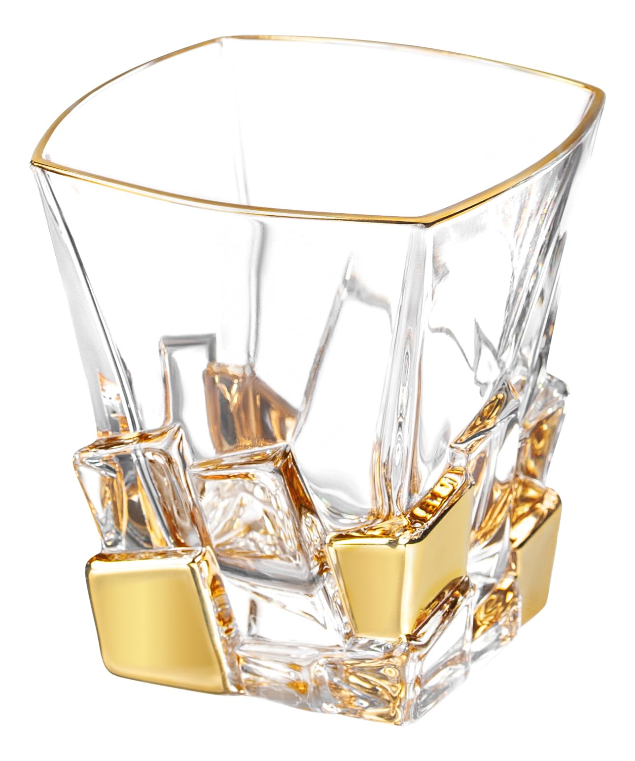 Premium European Crystal Glass Set of 6 - Square Double Old Fashioned Tumblers 11.7oz with Gold Ice Design - Handcrafted in Europe - Perfect for Whiskey, Cocktails & Elegant Home Bar Decor