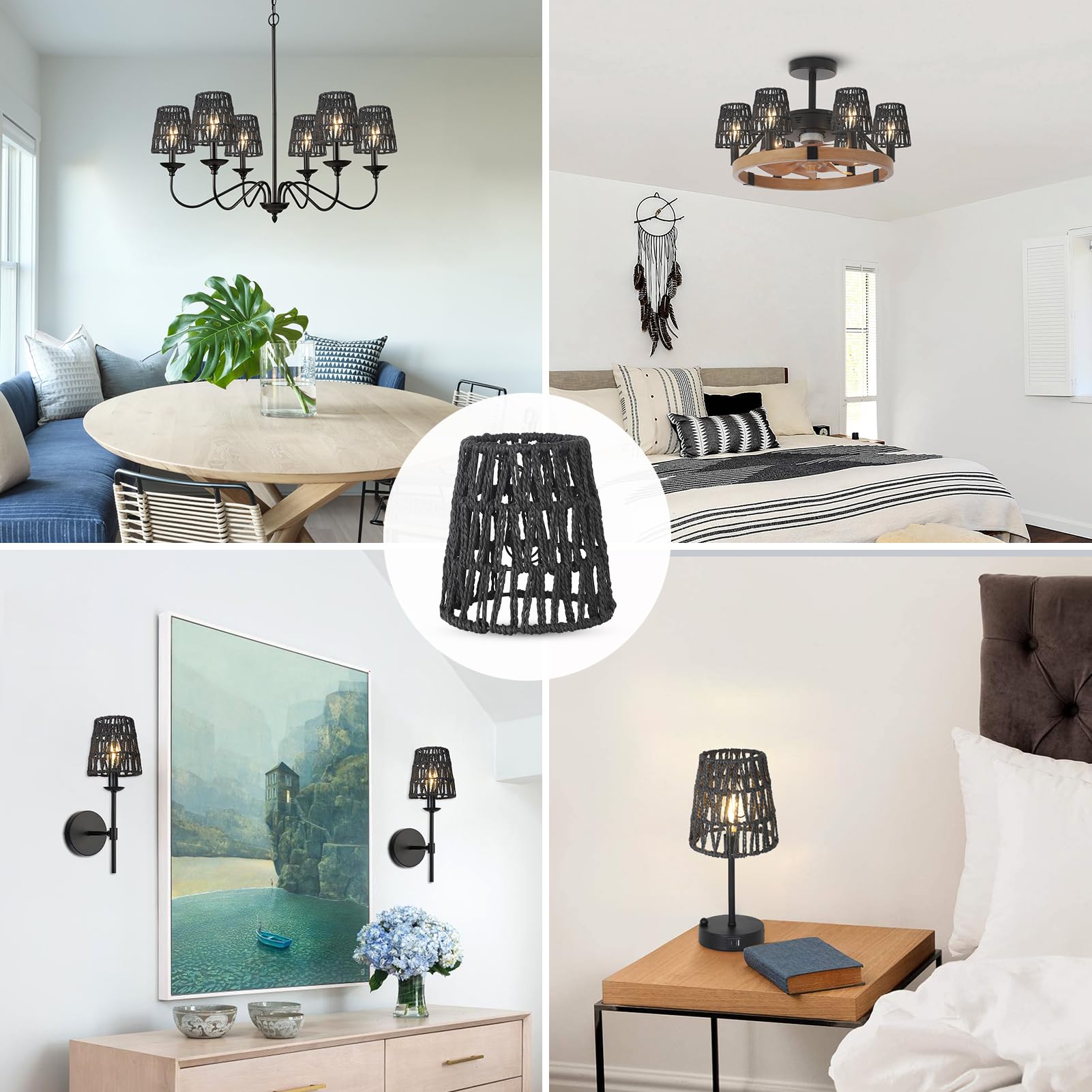 Small Lamp Shade Clip On Bulb - Set of 6 Boho Rattan Chandelier Shades, Wicker Barrel Lampshade Replacement for Vanity, Table, Floor, Wall Sconces & Pendant Lights - Perfect for Bedroom, Living Room & Office Decor
