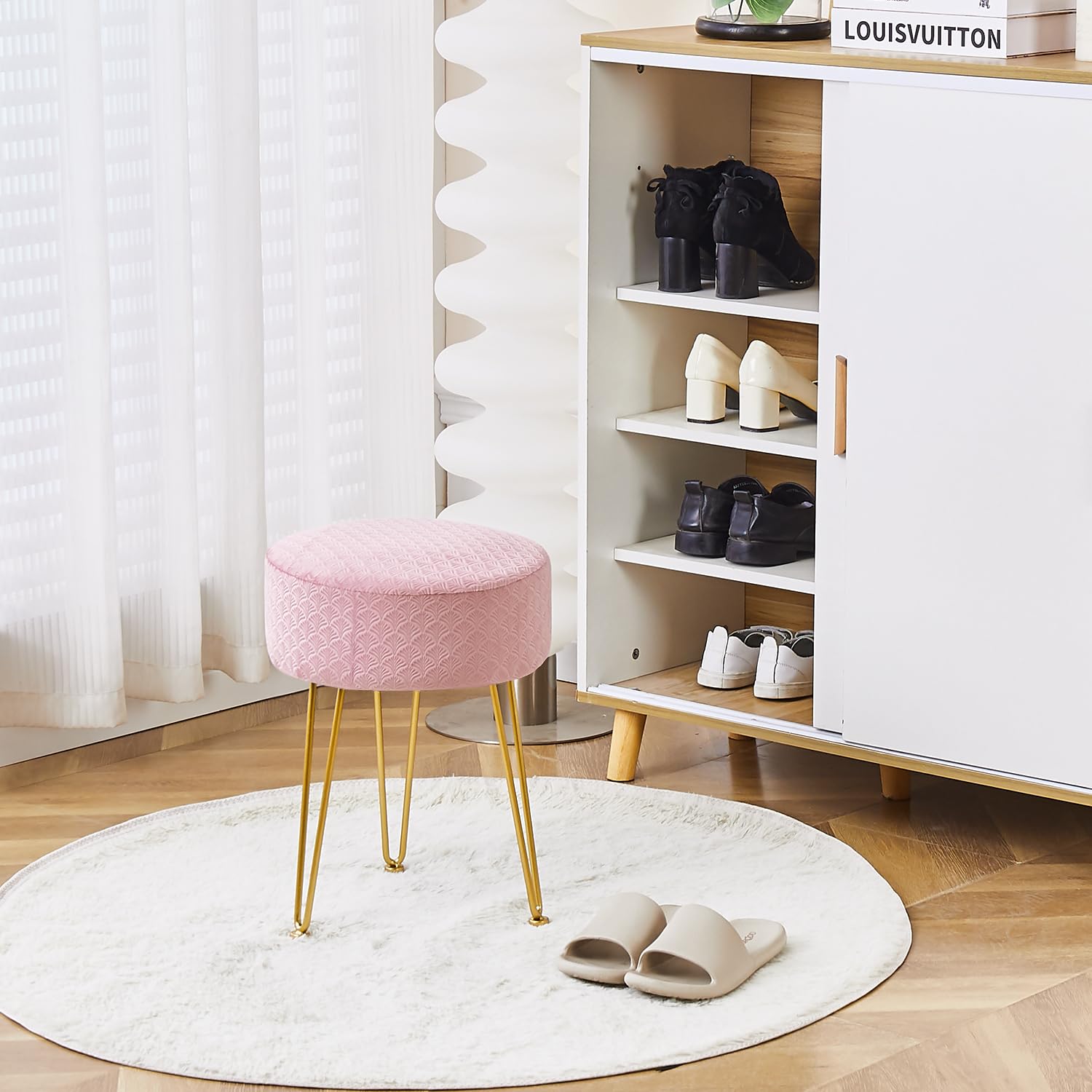 Velvet Ottoman Stool with Metal Legs - Pink Vanity Stool for Living Room & Bedroom