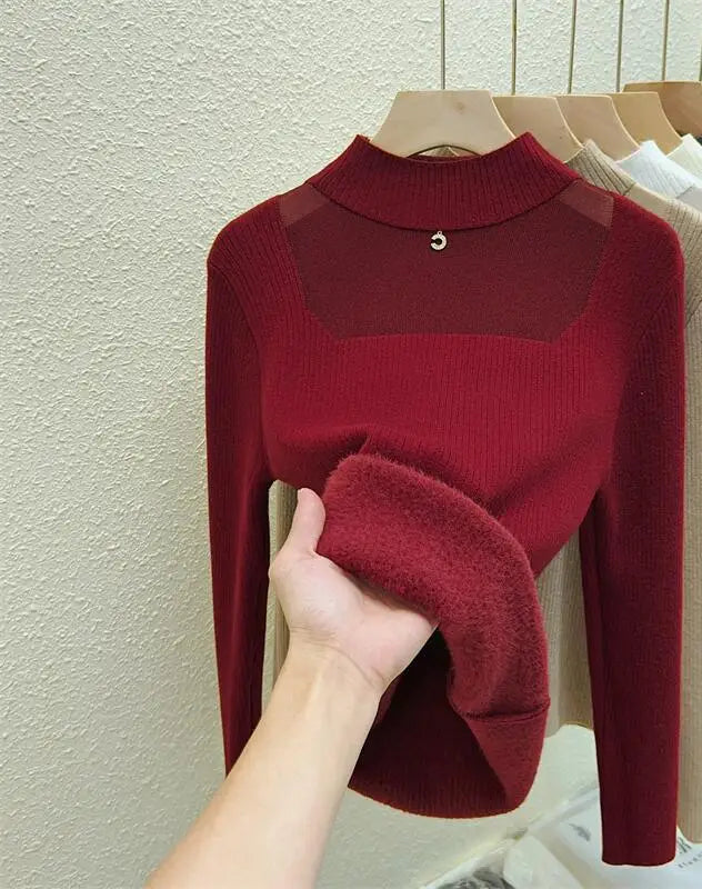 Women's Korean Fashion Velvet Sweater - Solid Color Warm Round Neck Long Sleeve Knit Pullover for Autumn Winter | Cozy Thick Knitwear for Office, Dating & Casual Outfits