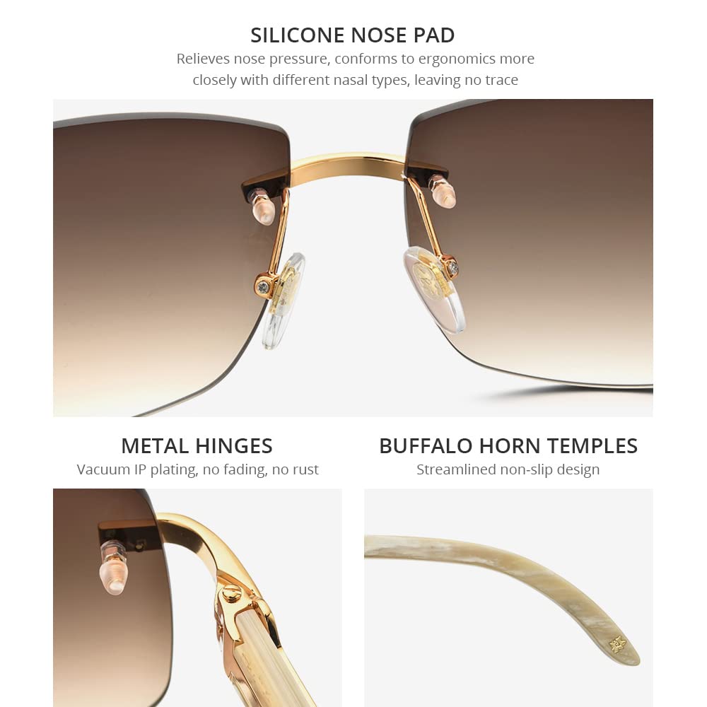 **100% Real Buffalo Horn Sunglasses for Men - Rimless Square Buffs - UV Protection & Polarized - Perfect for Outdoor, Driving & Fashion**