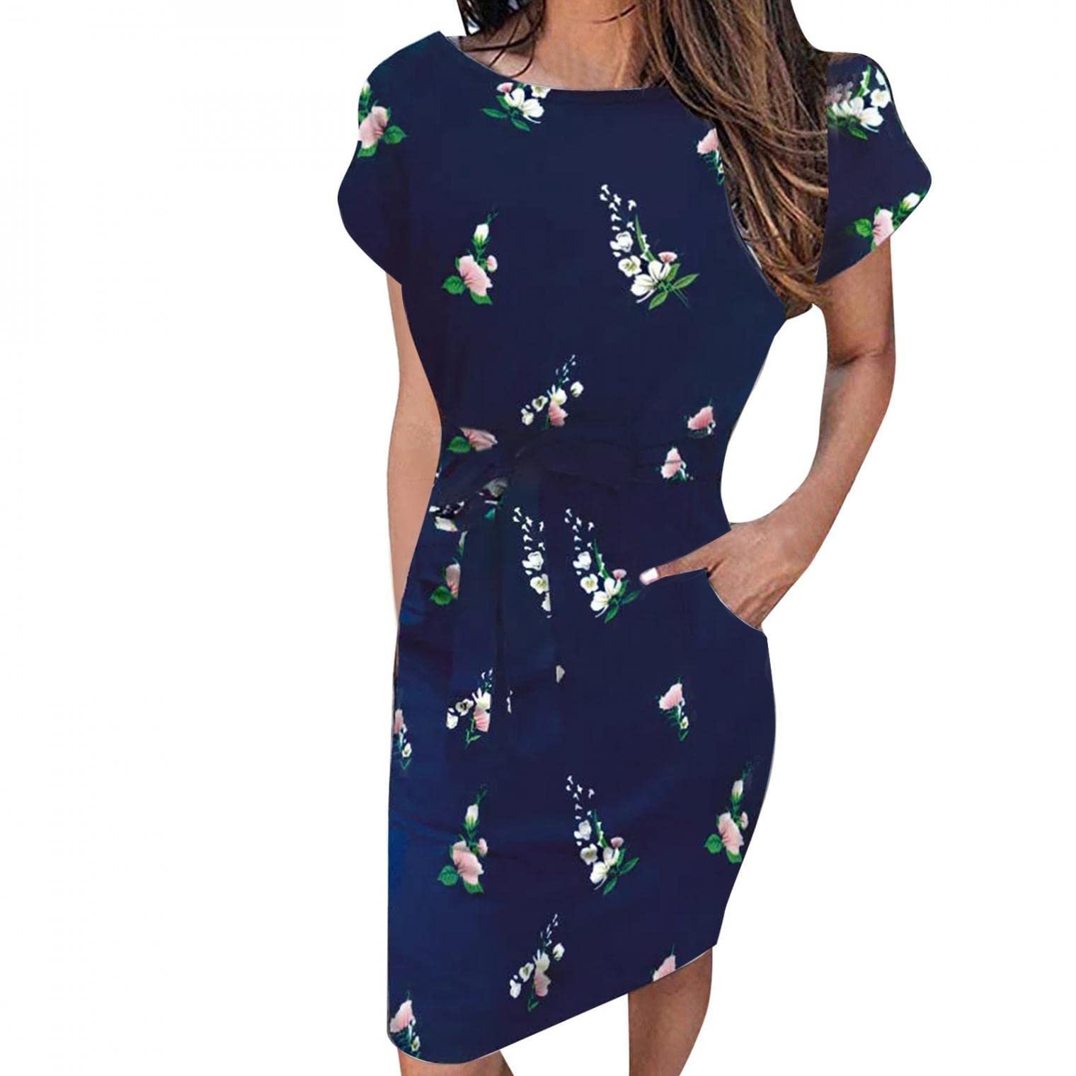 Ylioge Women's Floral Print T-Shirt Dress - Casual Crewneck Short Sleeve Midi Dress with Pockets & Belt | Loose Fit Summer Dress for Beach, Vacation & Everyday Wear