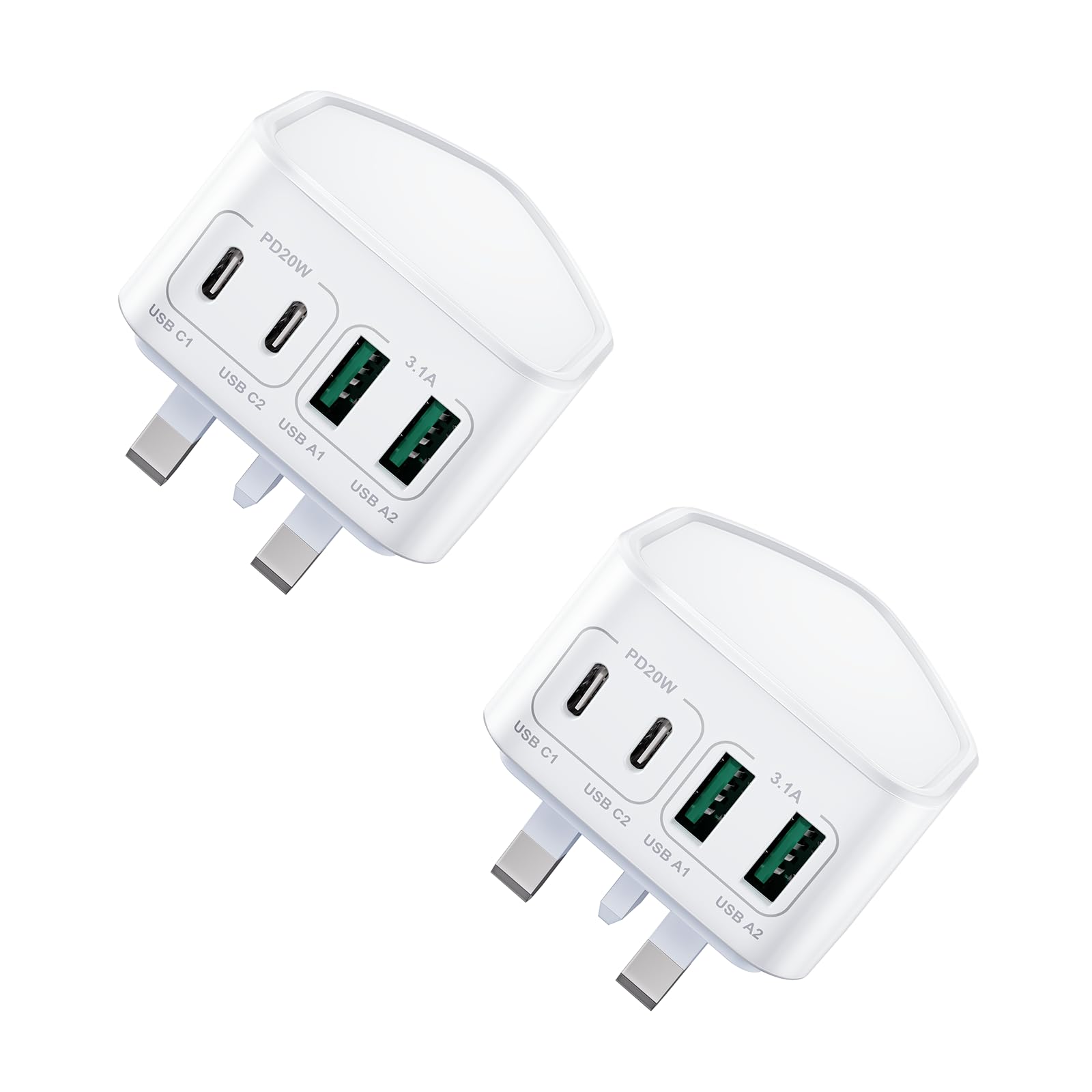 40W 4-Port Fast USB C Charger Plug - Dual Type C UK Power Adapter with Wall Outlet for iPhone 15/14/13/12/11 Pro Max/XS/XR, iPad, Samsung Galaxy & Tablets - Perfect for Travel, Home & Office Charging Multiple Devices Simultaneously