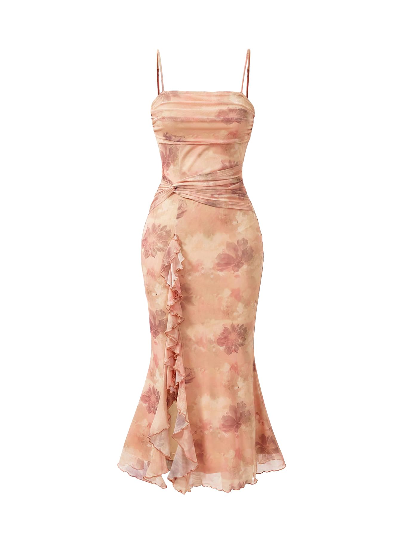 Elegant Women's Ruffle Floral Cocktail Dress - Backless Spaghetti Strap Midi Dress for Party, Wedding & Special Occasions