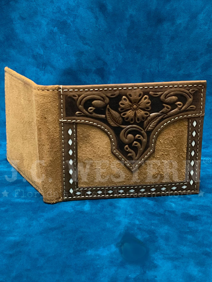 Nocona Men's Floral Embossed White Buck Lacing Bifold Wallet - Tan Leather Wallet for Men - Perfect for Everyday Carry, Gift Giving & Western Style Fashion