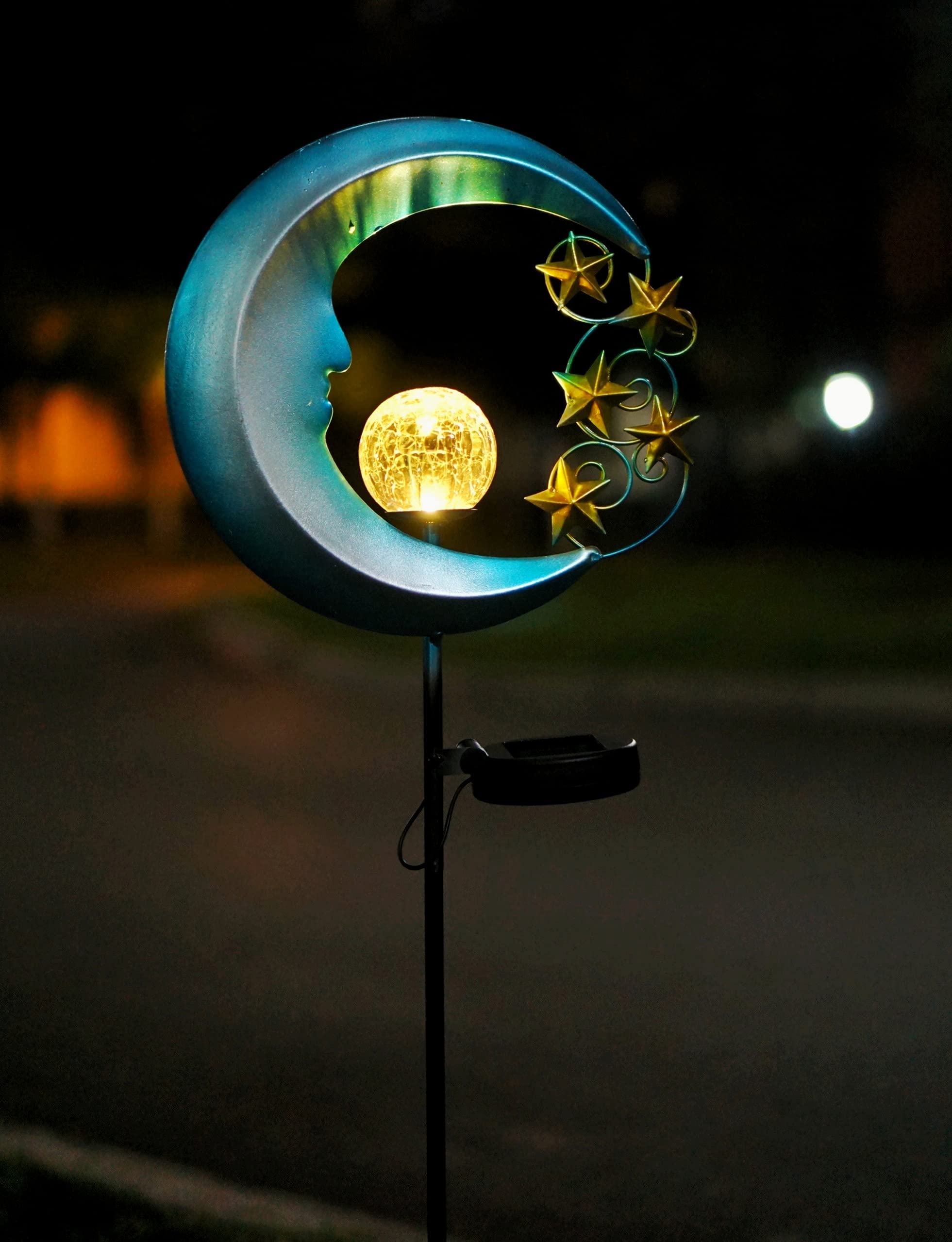 Solar Powered Moon Lights for Outdoor Garden - Waterproof Crackle Glass Ball with Golden Stars, Pathway Stake Lights for Lawn, Patio, Yard Decor (1 Pack, Blue) - Perfect for Romantic Nights, Wedding Decor & Backyard Ambiance