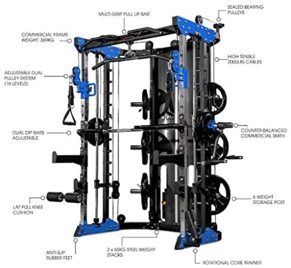 Smith Machine with Built-in 160kg Weight Stack & Cables - Standard Blue | Home Gym Strength Training Equipment for Full Body Workouts
