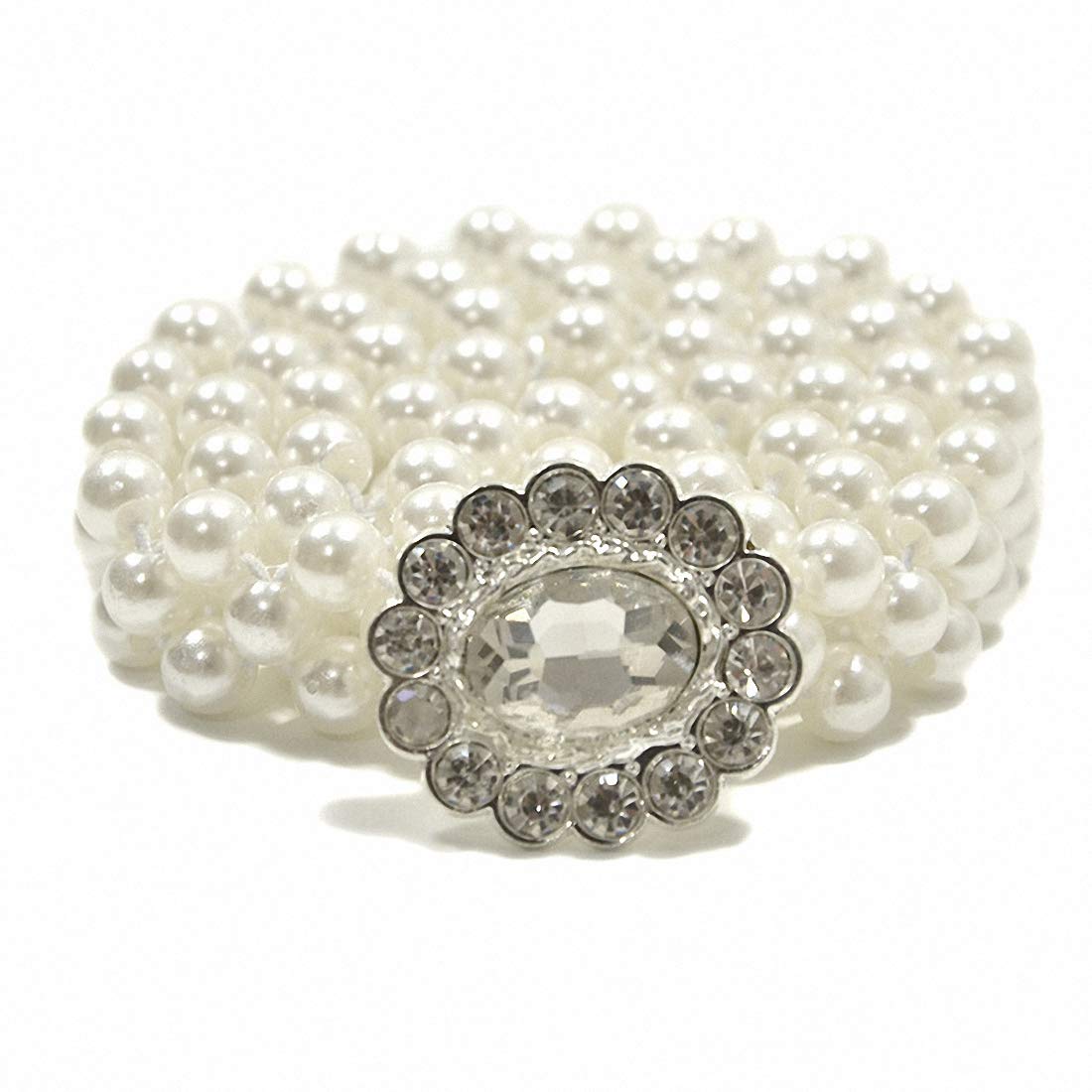 Women's Stretch Pearl Belt with Rhinestone Interlocking Buckle - Elegant Elastic Waist Belt for Party Dresses, Wedding Dresses & Formal Occasions | Perfect for Bridal Accessories, Evening Gowns & Special Events
