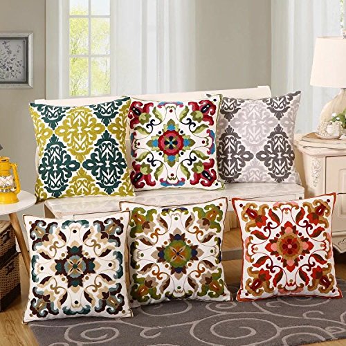 Bohemian Cotton Pillow Sham - Exotic Indian Style Embroidered Throw Pillow Cover 18x18 Inches for Sofa, Bed & Home Decor | Soft Cotton Cushion Case with 3D Embroidery | Perfect for Living Room, Bedroom & Boho Chic Decor