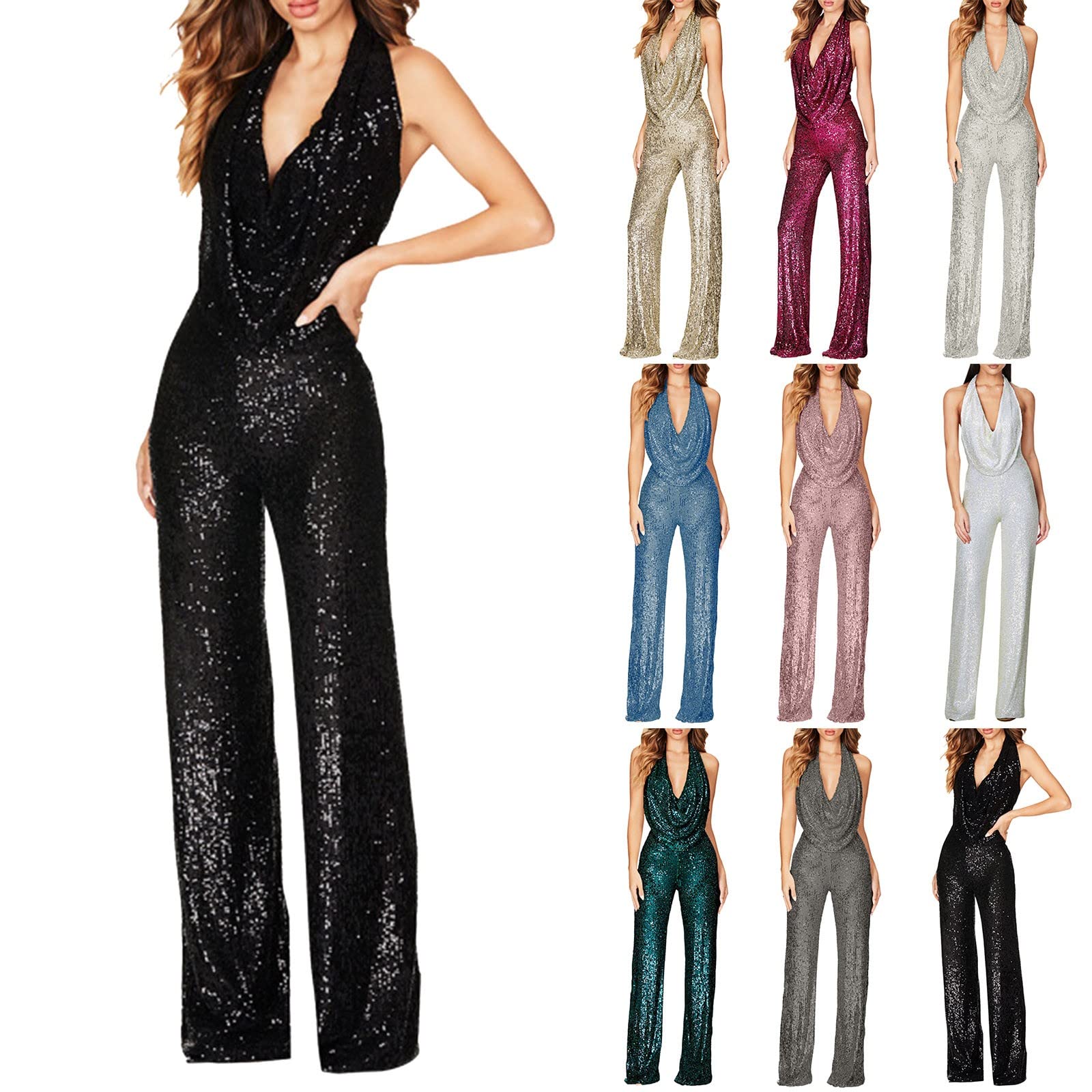 Women's Sexy Sparkly Jumpsuit - Backless V Neck Sequin Romper with Zipper & Wide Leg for Spring | Party Outfit, Clubwear, Evening Dress, Casual Fashion