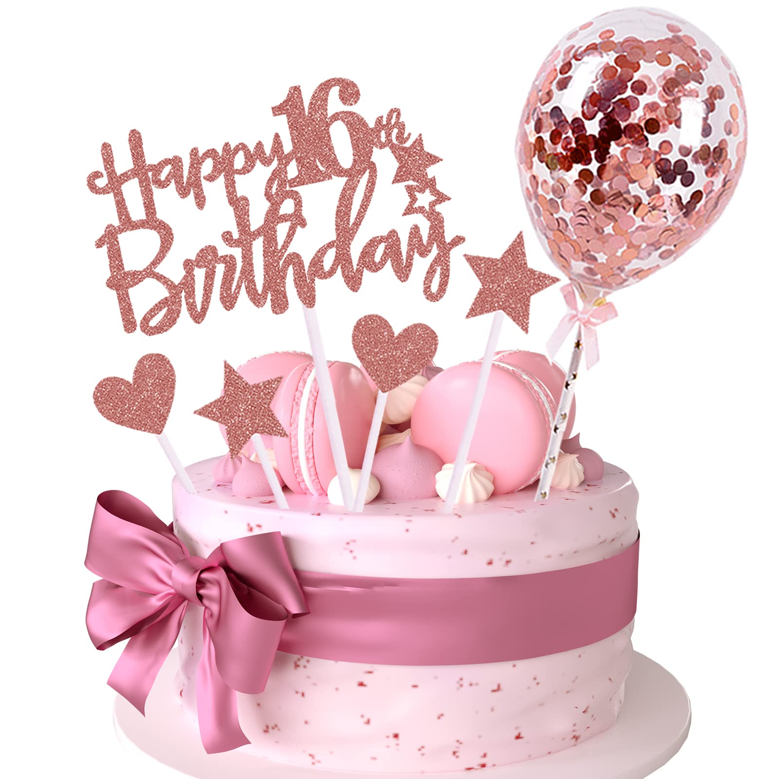 16th Birthday Cake Topper - Rose Gold Glitter 16 Cake Decor with Balloons for Girls | Perfect for Sweet 16 Parties, Birthday Cakes & Celebration Decorations