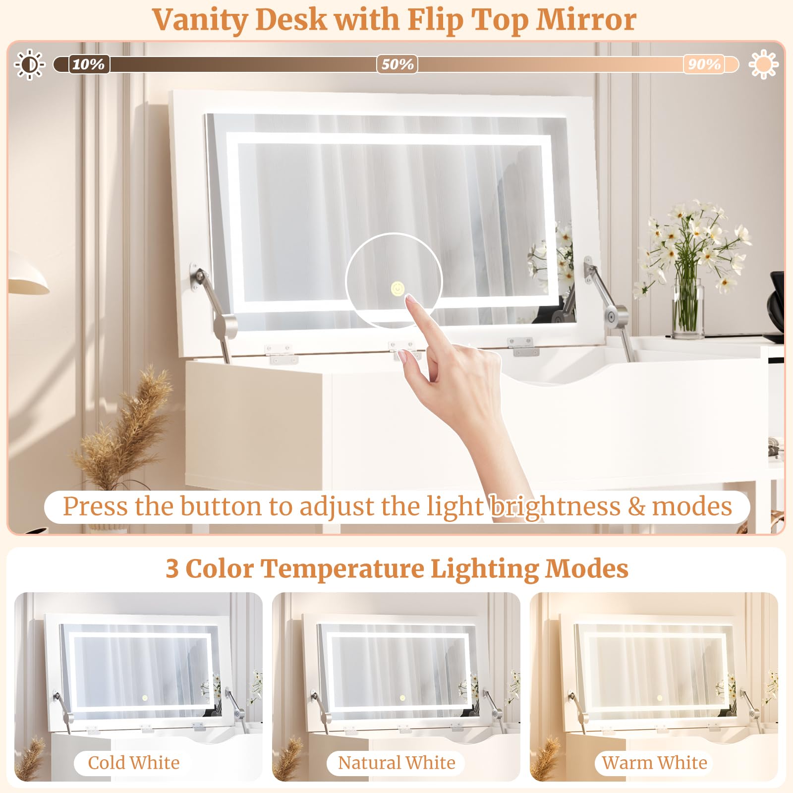 Cyclysio White Vanity Desk with Flip Top Mirror & LED Lights - Makeup Dressing Table with Storage Drawers, Shelves & USB Charging Station - Perfect for Small Spaces, Bedroom, Apartment & Dorm Room Organization