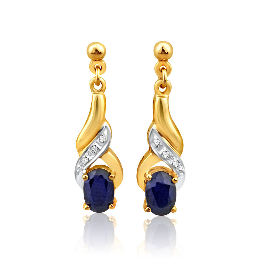 9ct Yellow Gold Natural Sapphire & Diamond Drop Earrings for Women - Elegant Dangle Earrings for Weddings, Parties & Special Occasions
