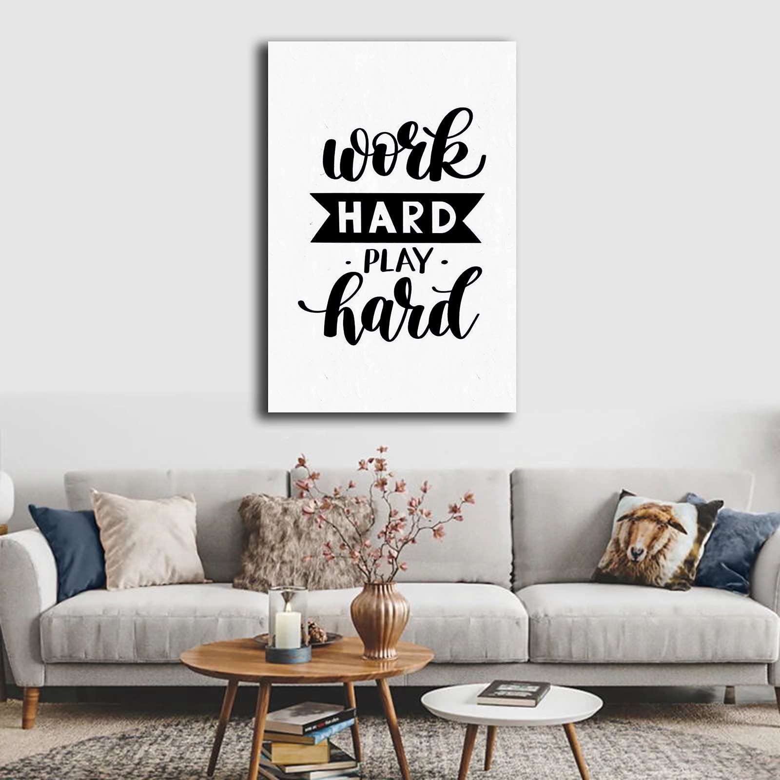 FFPCGCL Motivational 'Work Hard Play Hard' Quote Art Print - 20x30 Inch (50x75cm) Canvas Wall Decor for Living Room, Bedroom, Office & Bathroom - Inspirational Home & Workplace Wall Art