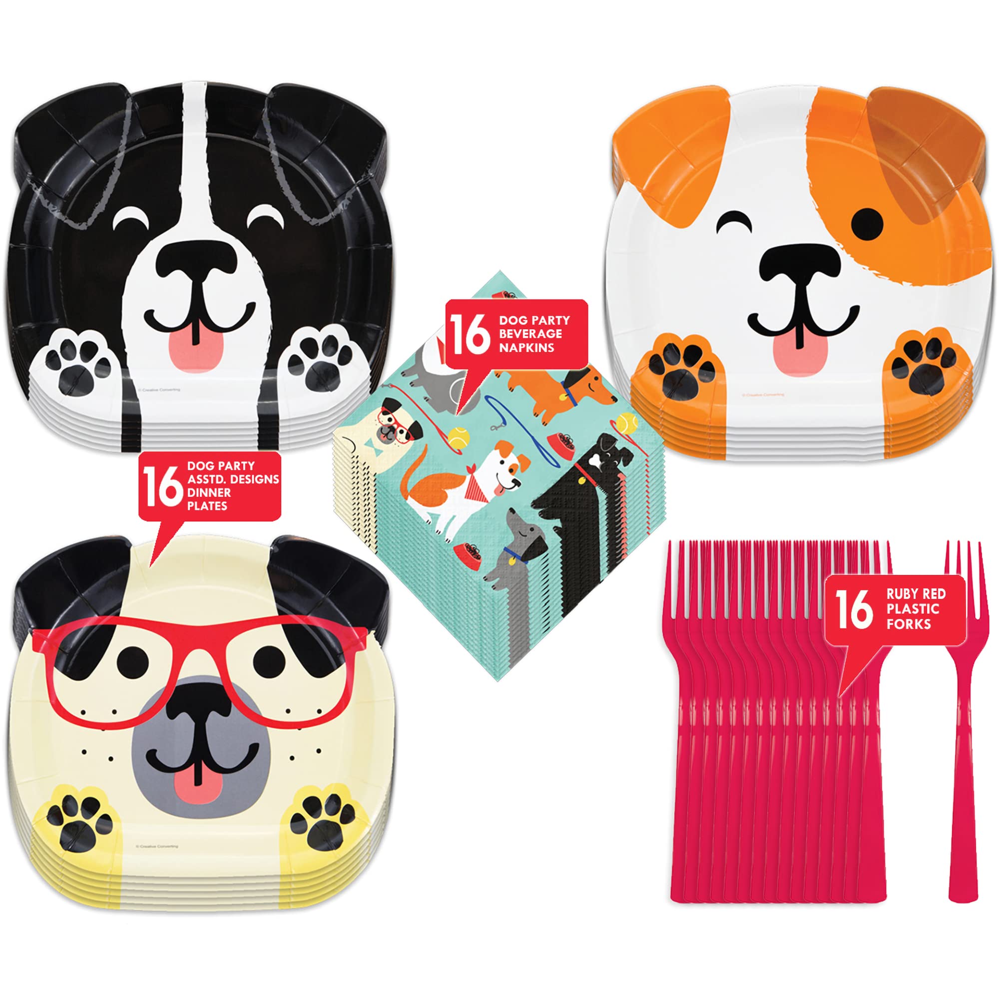 Dog Party Supplies Set - 16-Piece Puppy Shaped Paper Plates, Beverage Napkins & Forks for Dog Birthday Party, Puppy Themed Celebration & Kids' K9 Event | Perfect for Pet Birthday Decorations & Dog Lover Gatherings