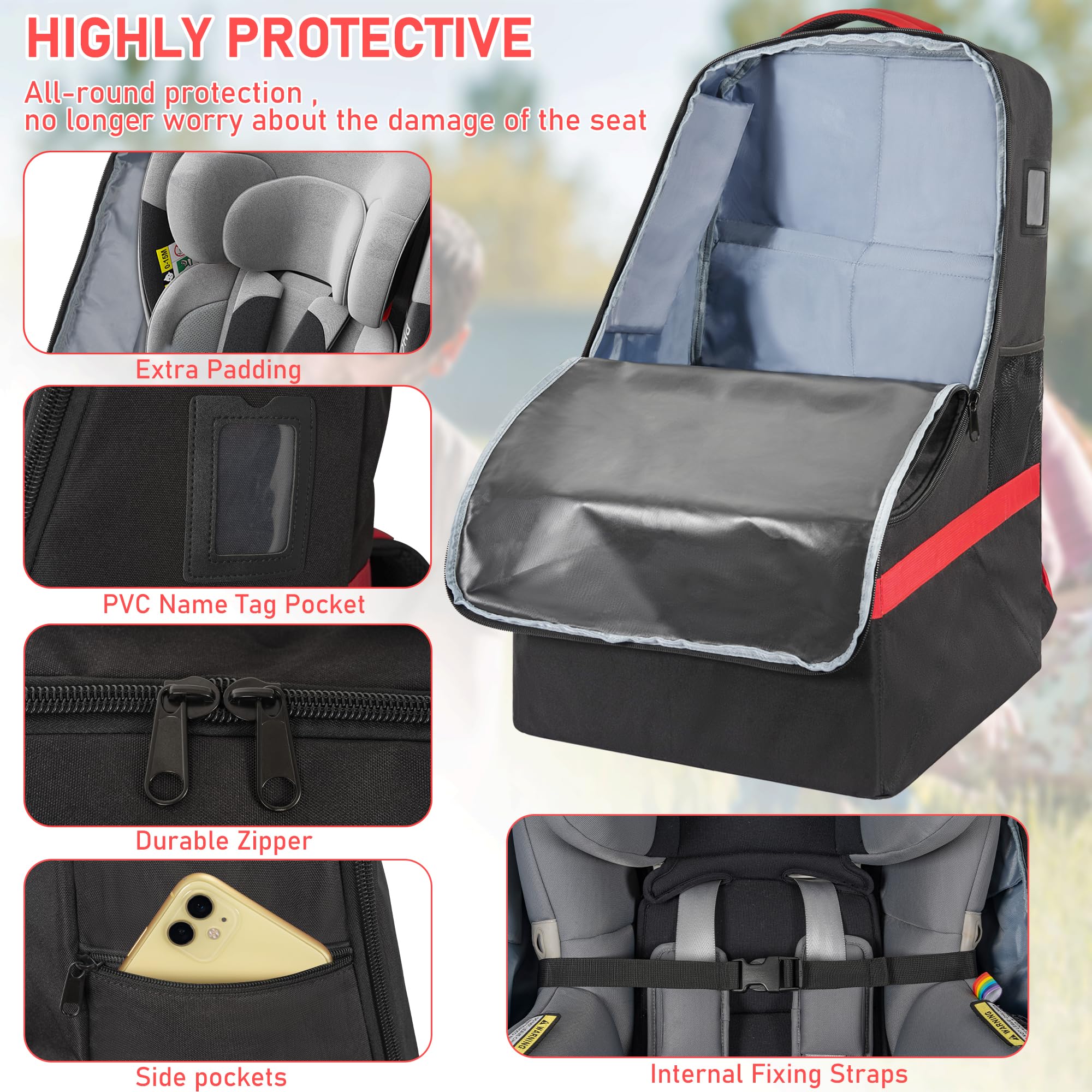 Heavy Duty Car Seat Travel Bag for Airplane Gate Check - Black & Red Car Seat Backpack with Adjustable Shoulder Strap | Perfect for Air Travel, Road Trips & Baby Gear Storage
