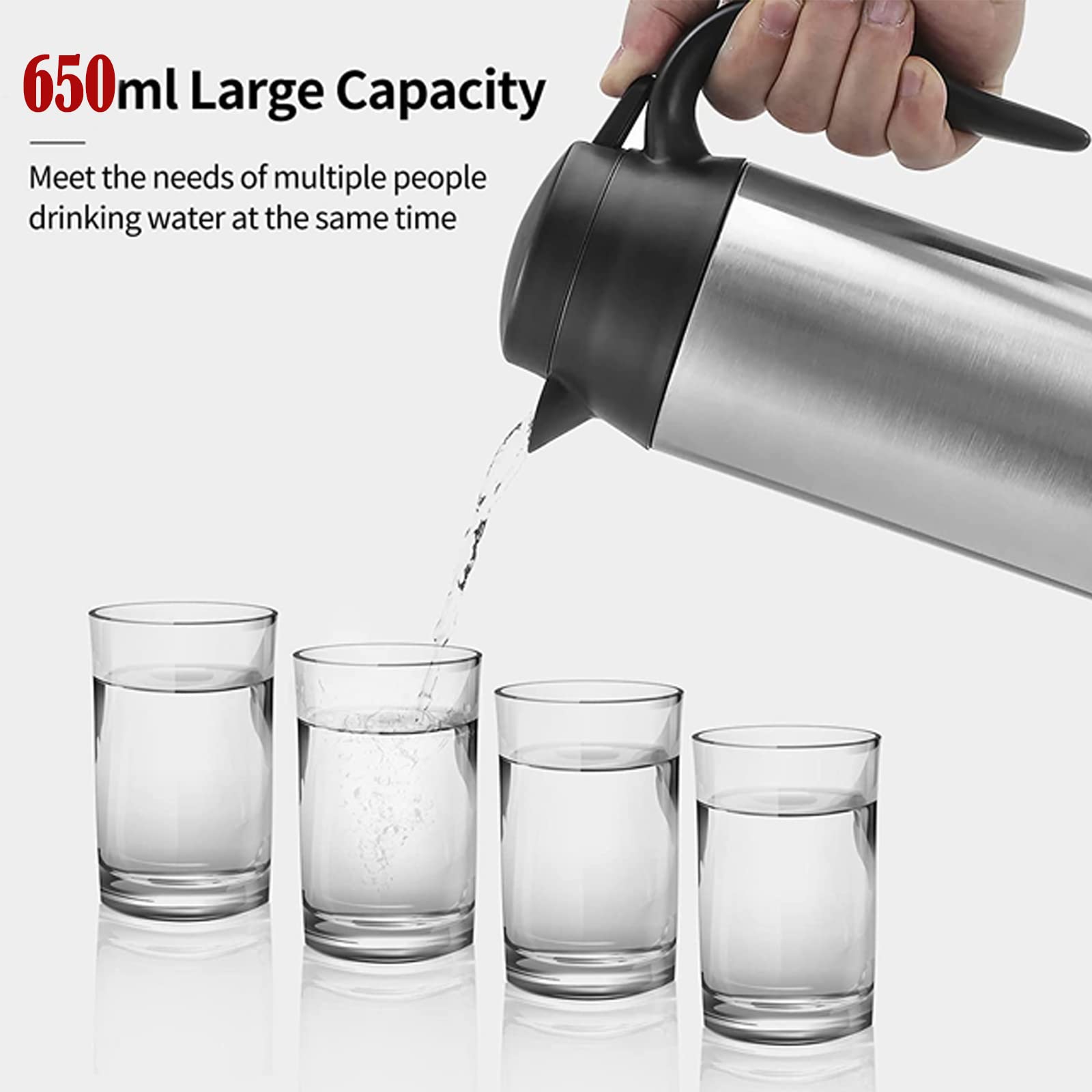 Sunsbell 650ml Portable Electric Car Kettle - 12V Stainless Steel Travel Mug with DC Charger | Fast Water Boiler & Coffee Warmer for Road Trips, Camping & Office Commute (Silver)