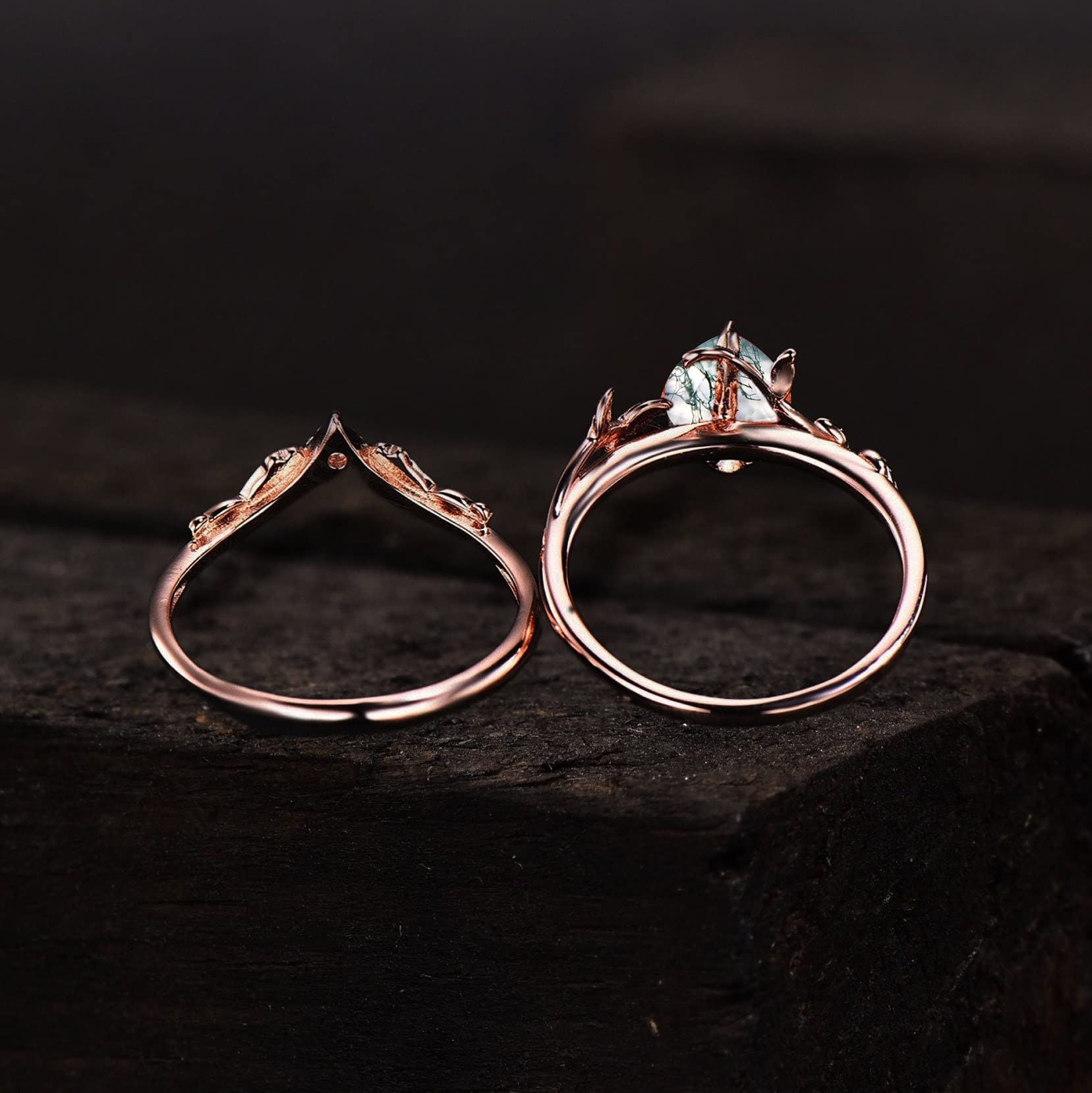 Nature Inspired Green Moss Agate Bridal Ring Set - 1.25ct Pear Cut Rose Gold Vintage Branch Design with Leaf Twig Vine Details | Emerald Wedding Band, Unique Anniversary Gift for Her (Includes Gift Box) | Perfect for Boho Weddings, Nature-Themed Proposals & Romantic Occasions