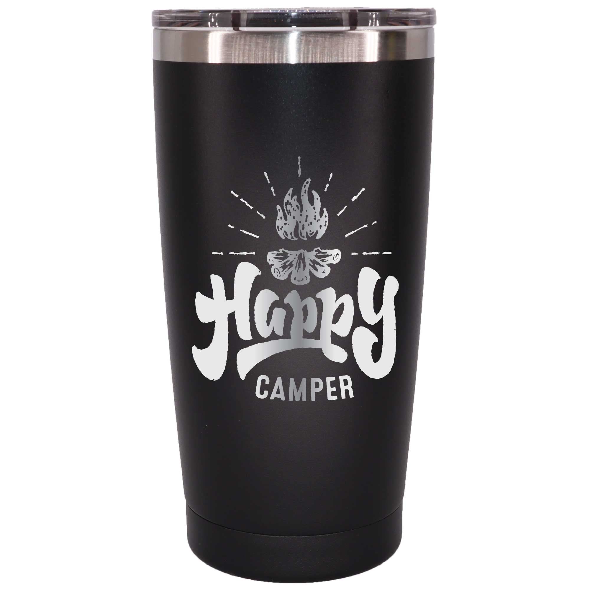 Happy Camper Tumbler 20oz - Insulated Camping Mug for Men & Women - RV Accessories & Camper Decor - Perfect for Coffee, Tea & Outdoor Adventures - Ideal Camping Gift & Camp Kitchen Essential (Black)