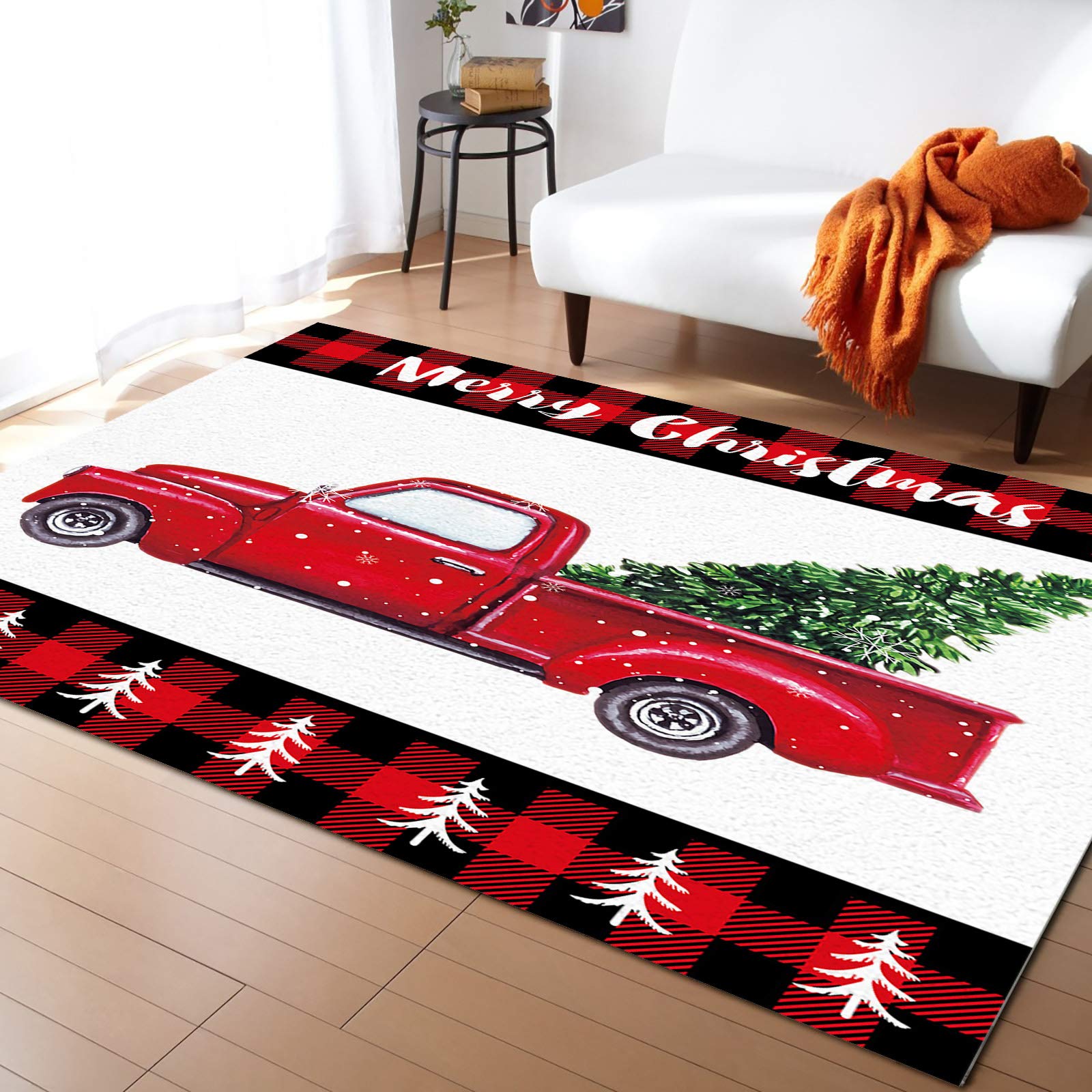 ARTSHOWING Christmas Truck Area Rug 5' x 8' - Non-Slip Holiday Floor Carpet for Living Room, Bedroom & Kids Room - Rustic Red Truck with Xmas Tree Design - Durable Decor for Festive Home, Office & Seasonal Celebrations