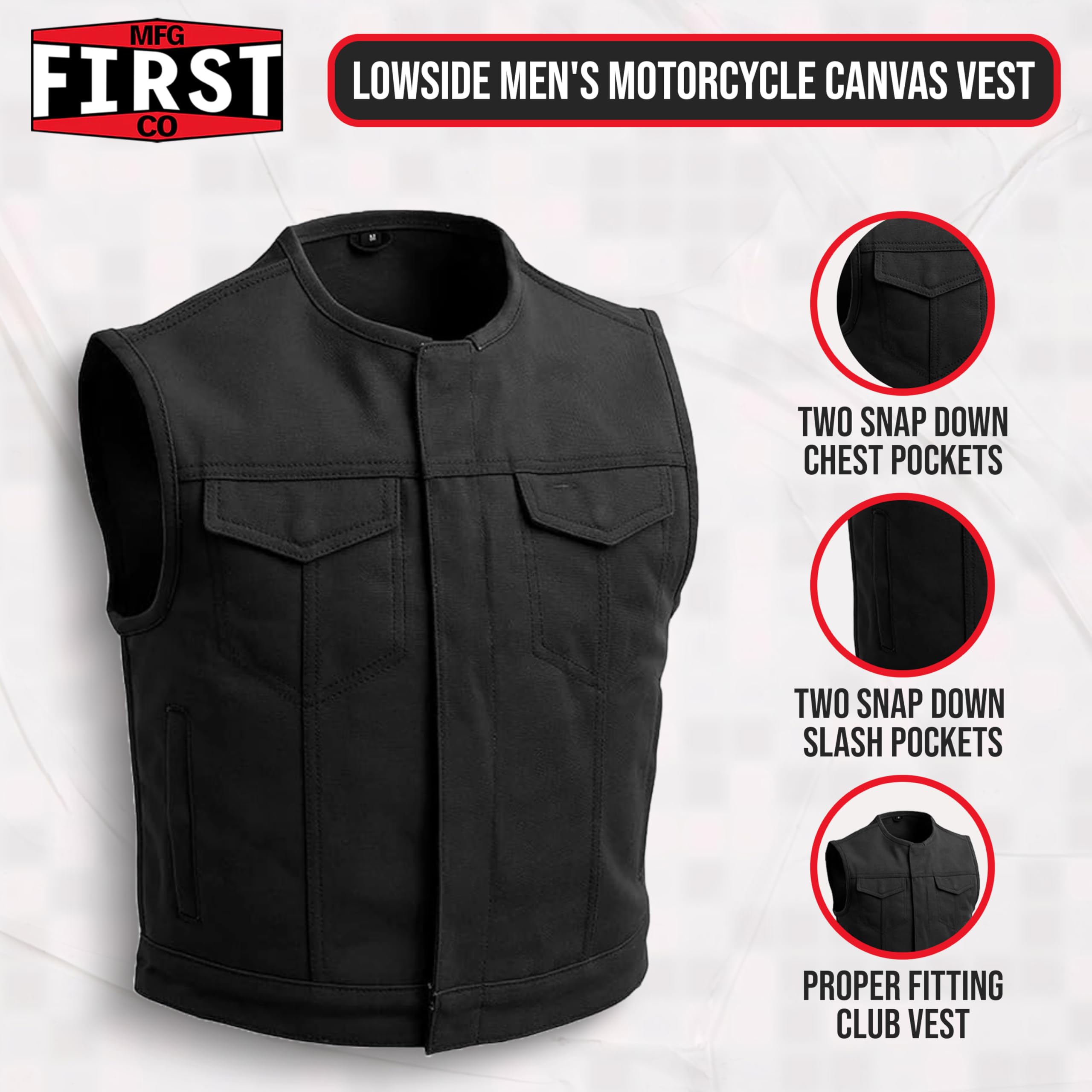 First Mfg Co - Lowside Men's Motorcycle Vest - Biker Riding Jacket in Canvas, Leather & Twill with Perforated Leather Panels | Cruising, Touring & Urban Riding Gear