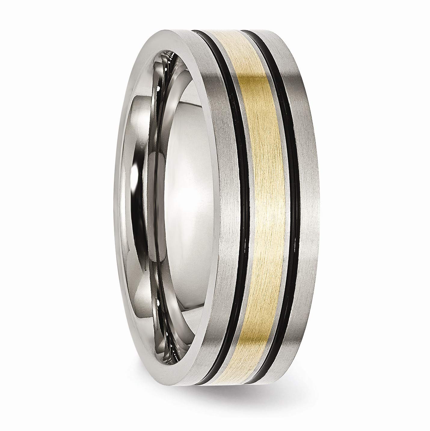Black Titanium & 14K Gold Inlay Ring - 7mm Flat Brushed Band for Men's Wedding & Fashion